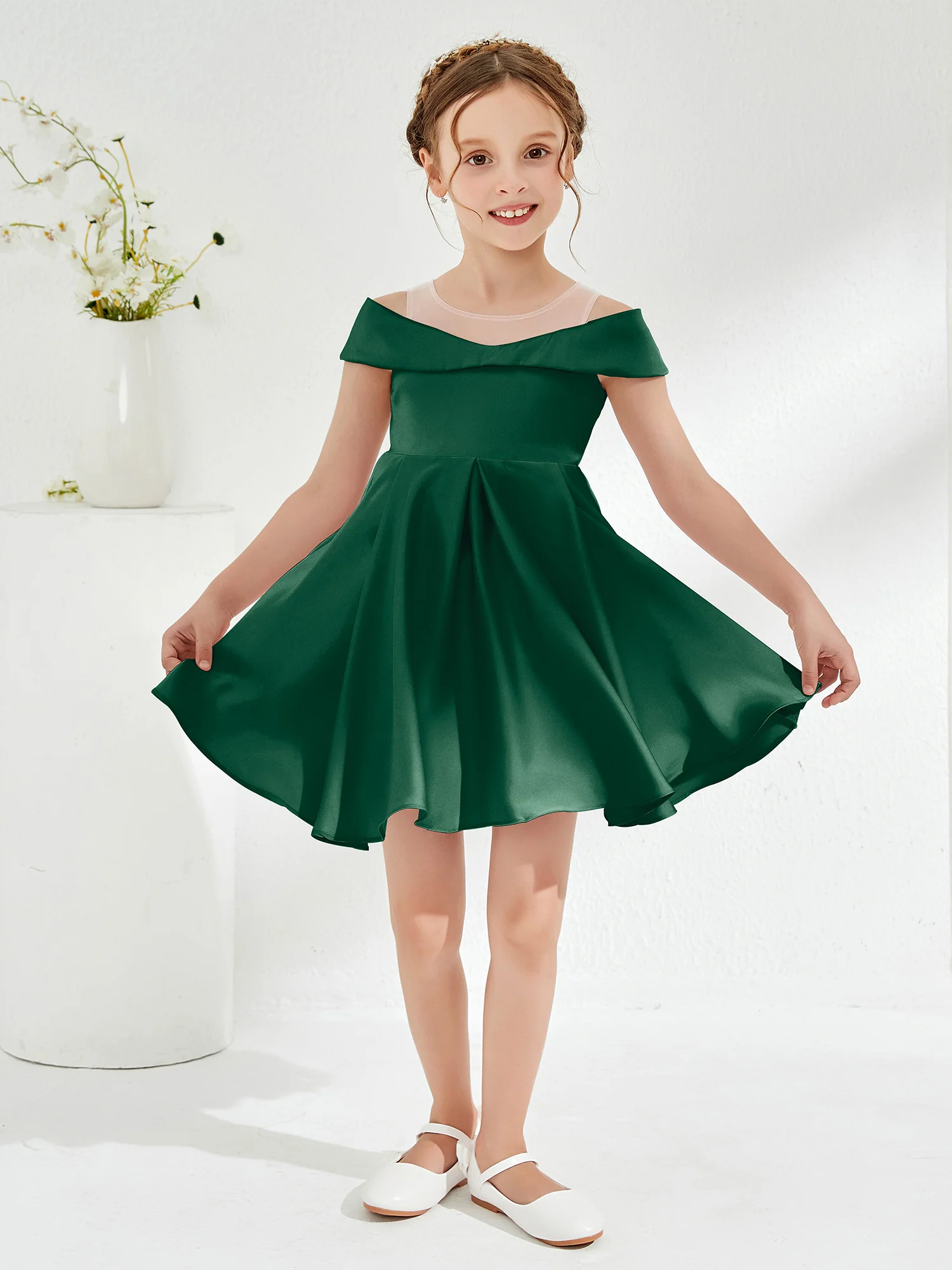 Scoop Off the Shoulder Knee-Length Girl's Dress Dark Green