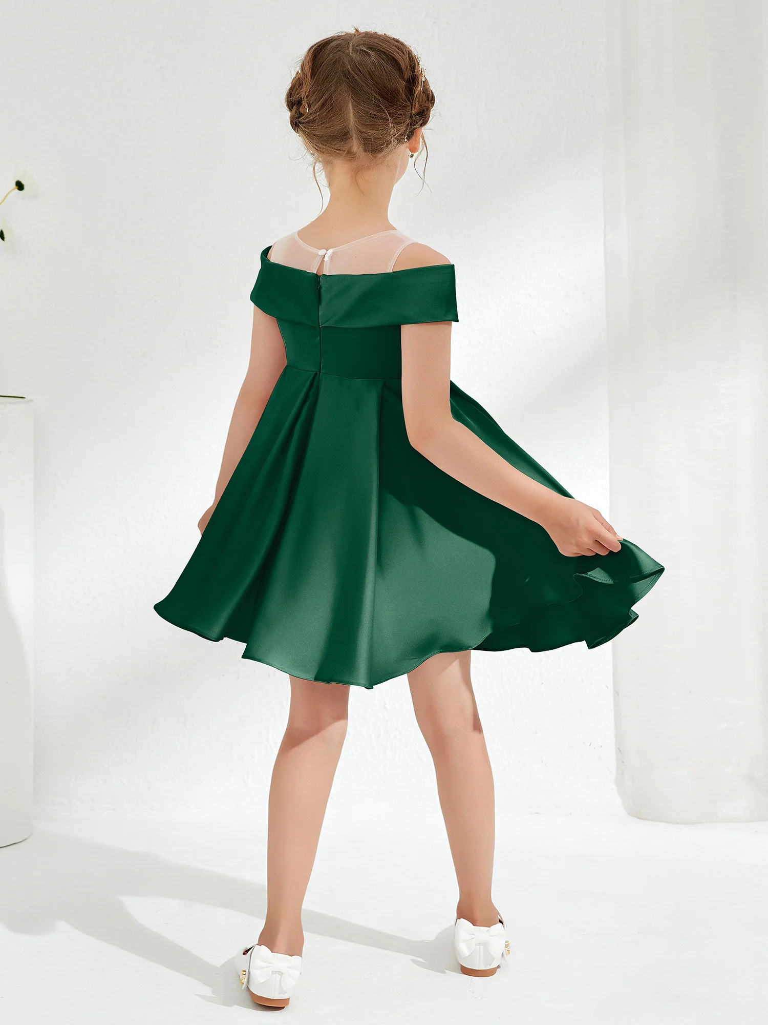 Scoop Off the Shoulder Knee-Length Girl's Dress Dark Green - Image 2