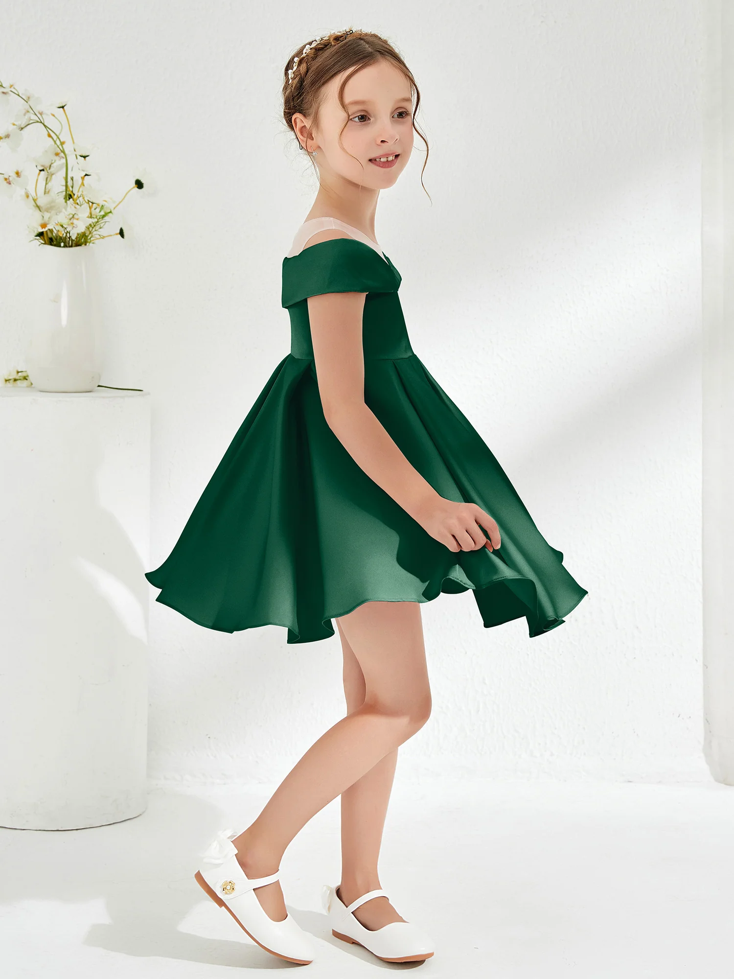 Scoop Off the Shoulder Knee-Length Girl's Dress Dark Green - Image 3