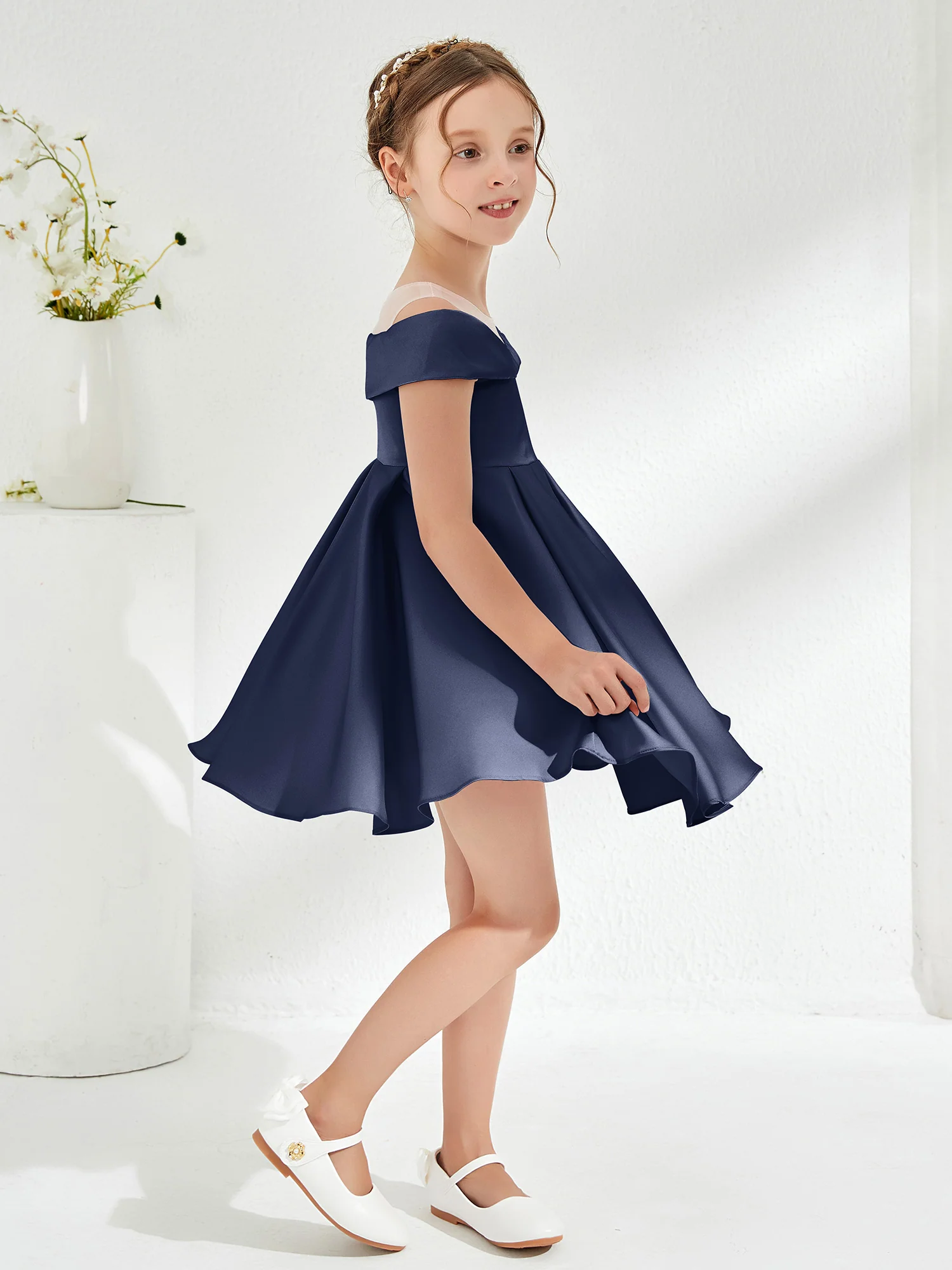 Scoop Off the Shoulder Knee-Length Girl's Dress Dark Navy - Image 3