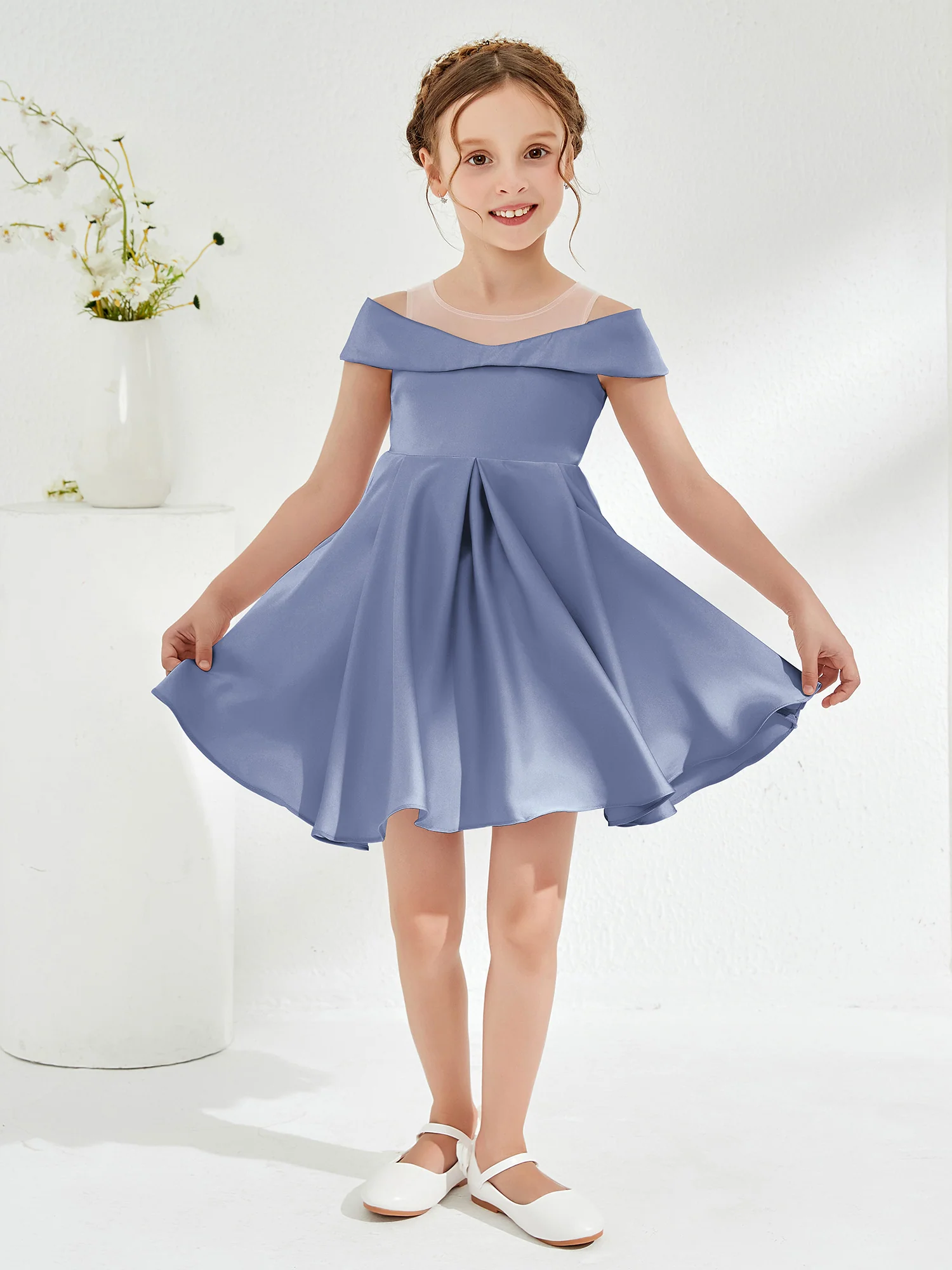 Scoop Off the Shoulder Knee-Length Girl's Dress Dusty Blue