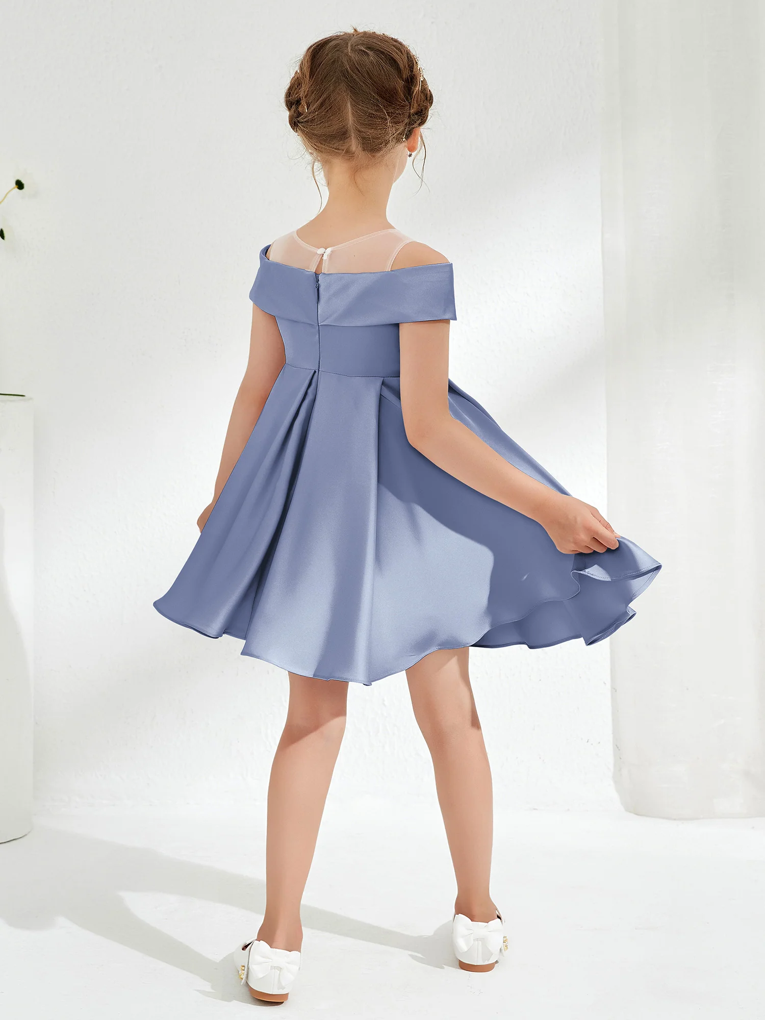 Scoop Off the Shoulder Knee-Length Girl's Dress Dusty Blue - Image 2