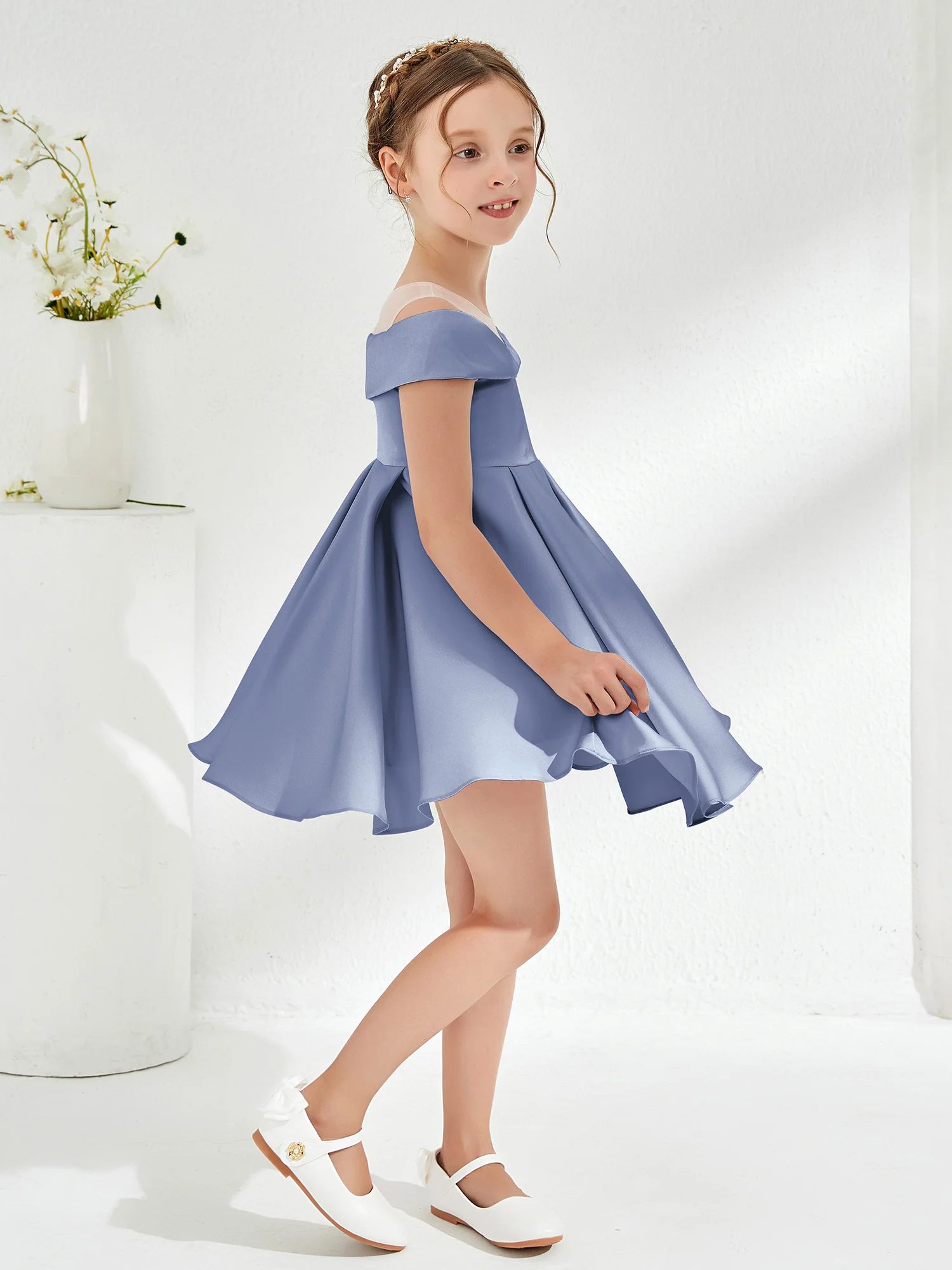 Scoop Off the Shoulder Knee-Length Girl's Dress Dusty Blue - Image 3