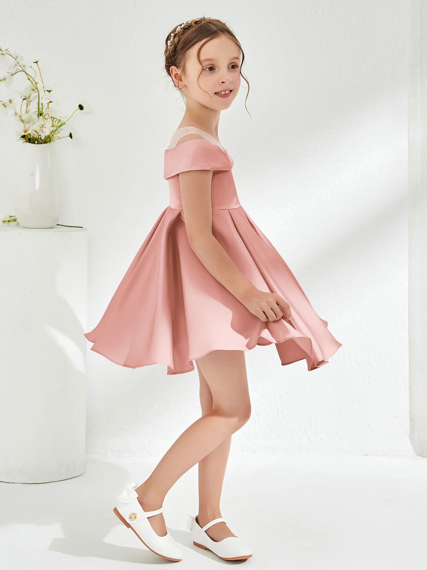 Scoop Off the Shoulder Knee-Length Girl's Dress Dusty Rose - Image 3