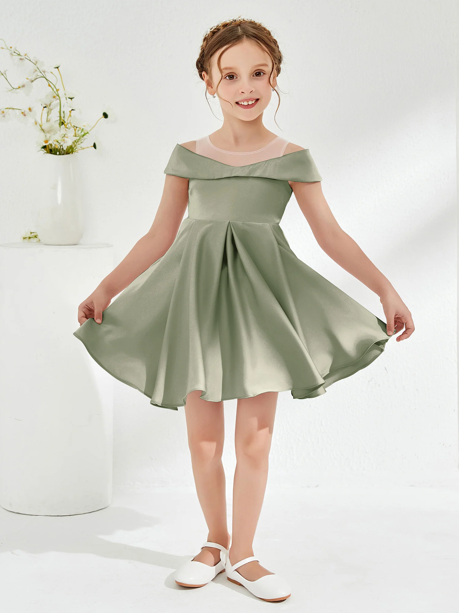 Scoop Off the Shoulder Knee-Length Girl's Dress Dusty Sage