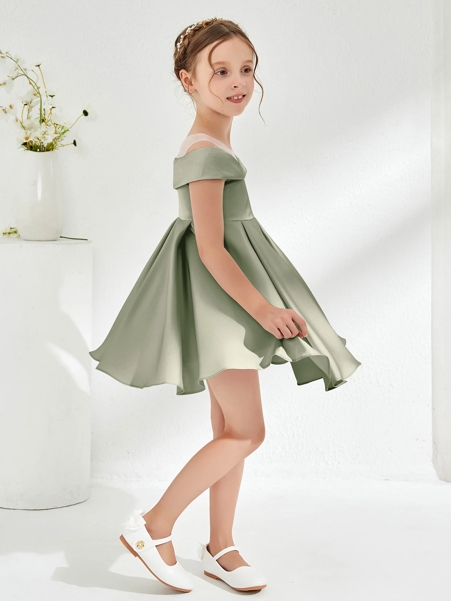 Scoop Off the Shoulder Knee-Length Girl's Dress Dusty Sage - Image 3