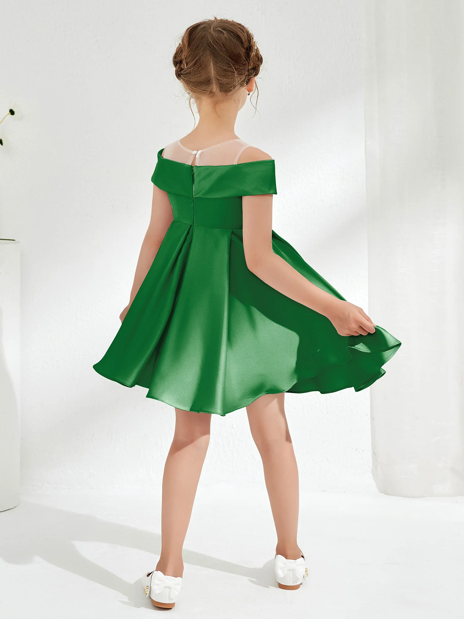 Scoop Off the Shoulder Knee-Length Girl's Dress Emerald - Image 2