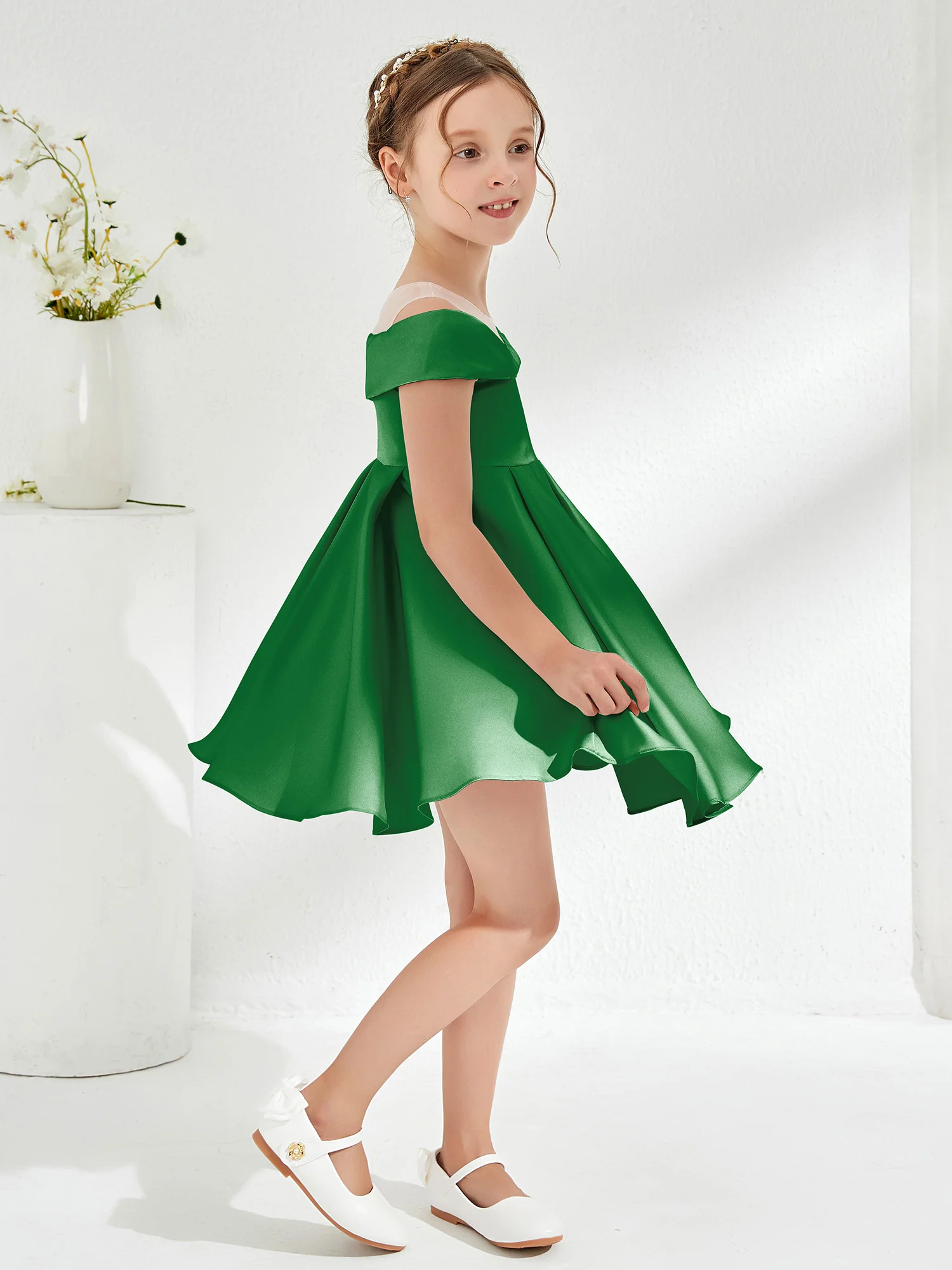 Scoop Off the Shoulder Knee-Length Girl's Dress Emerald - Image 3