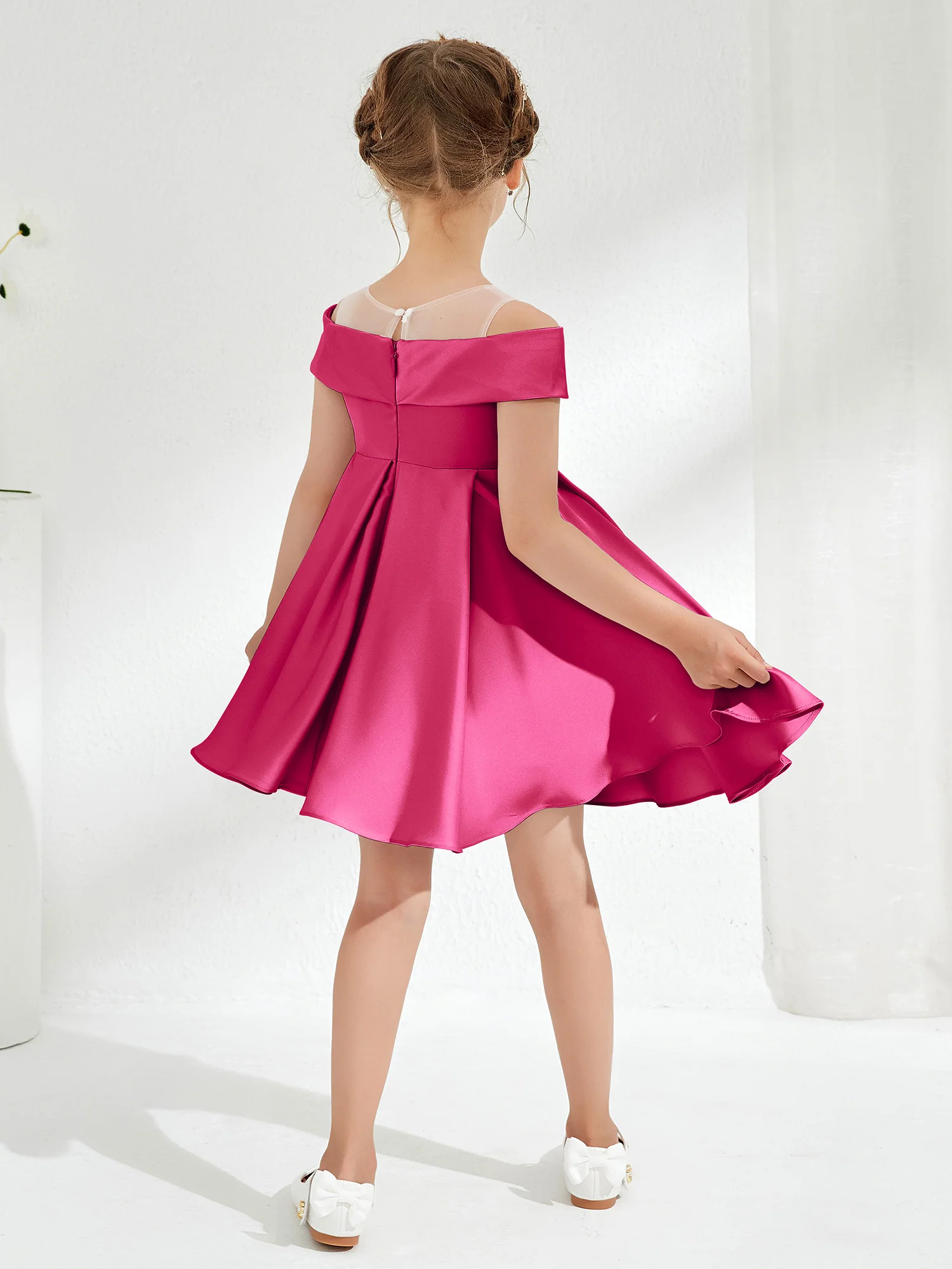 Scoop Off the Shoulder Knee-Length Girl's Dress Fuchsia - Image 2