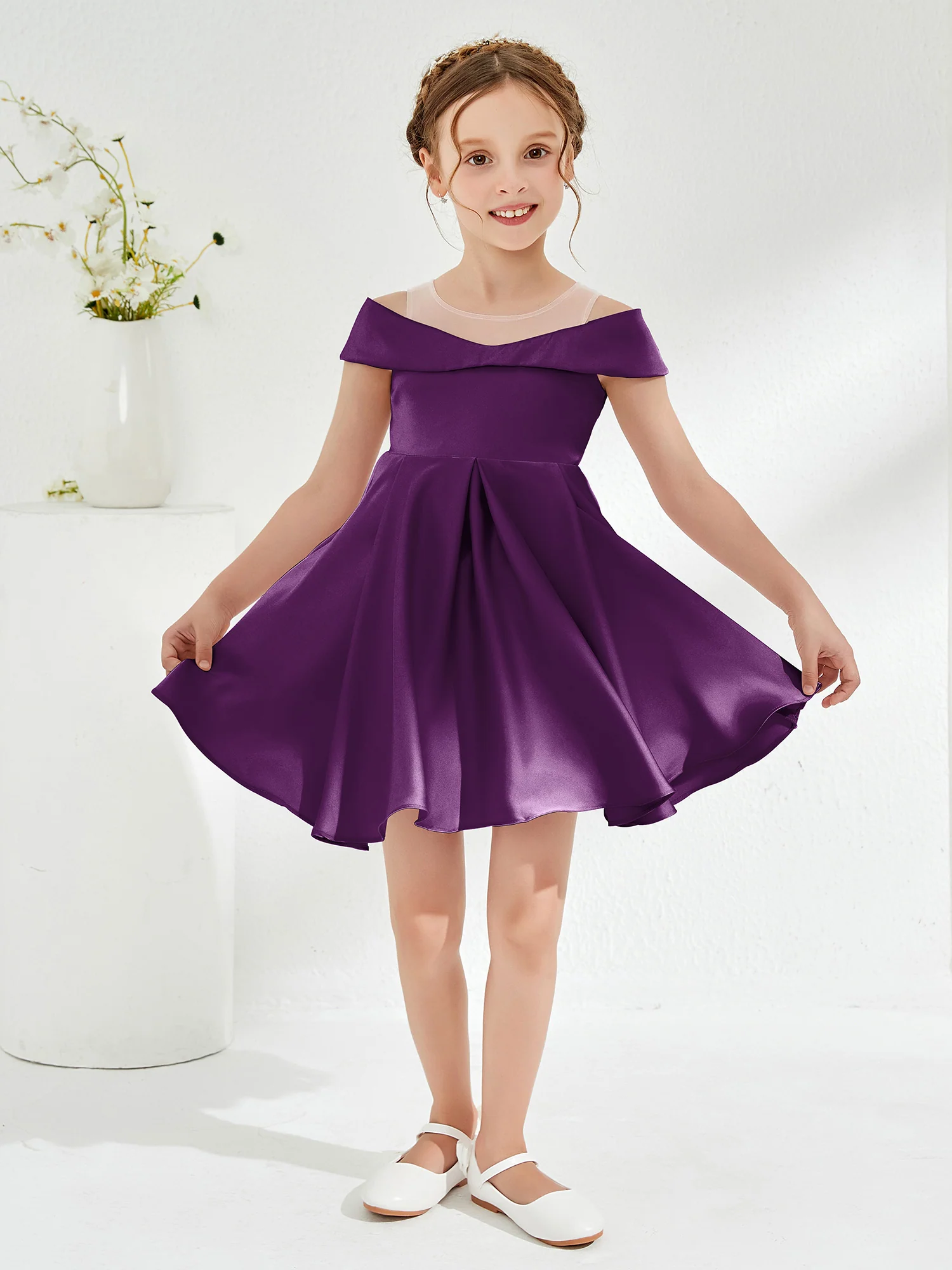 Scoop Off the Shoulder Knee-Length Girl's Dress Grape