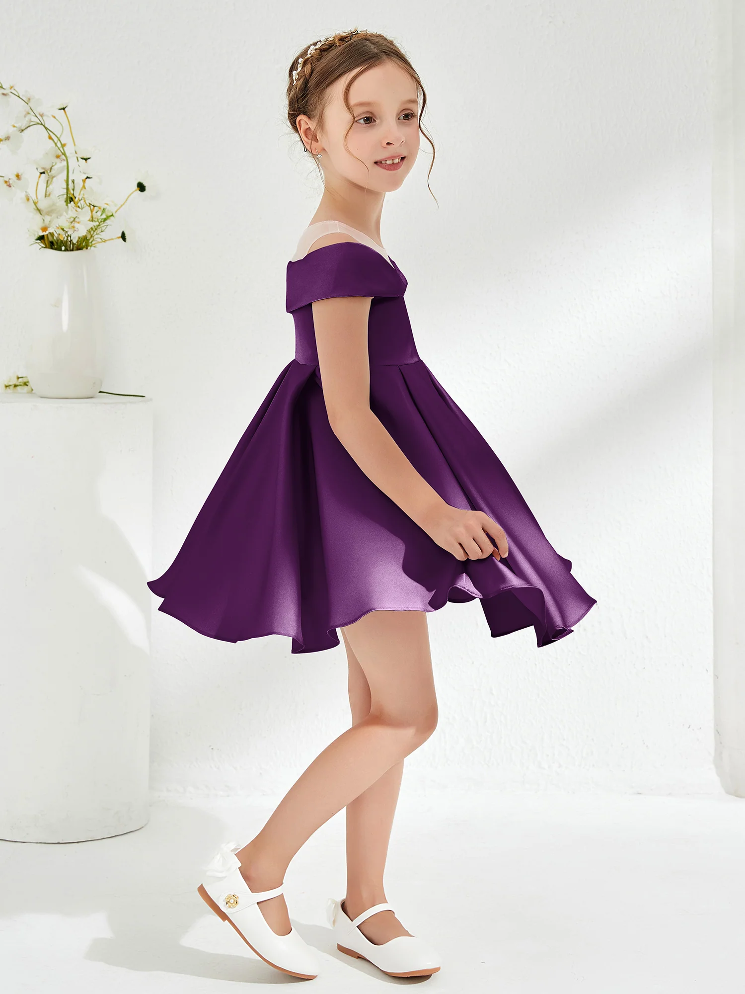 Scoop Off the Shoulder Knee-Length Girl's Dress Grape - Image 3