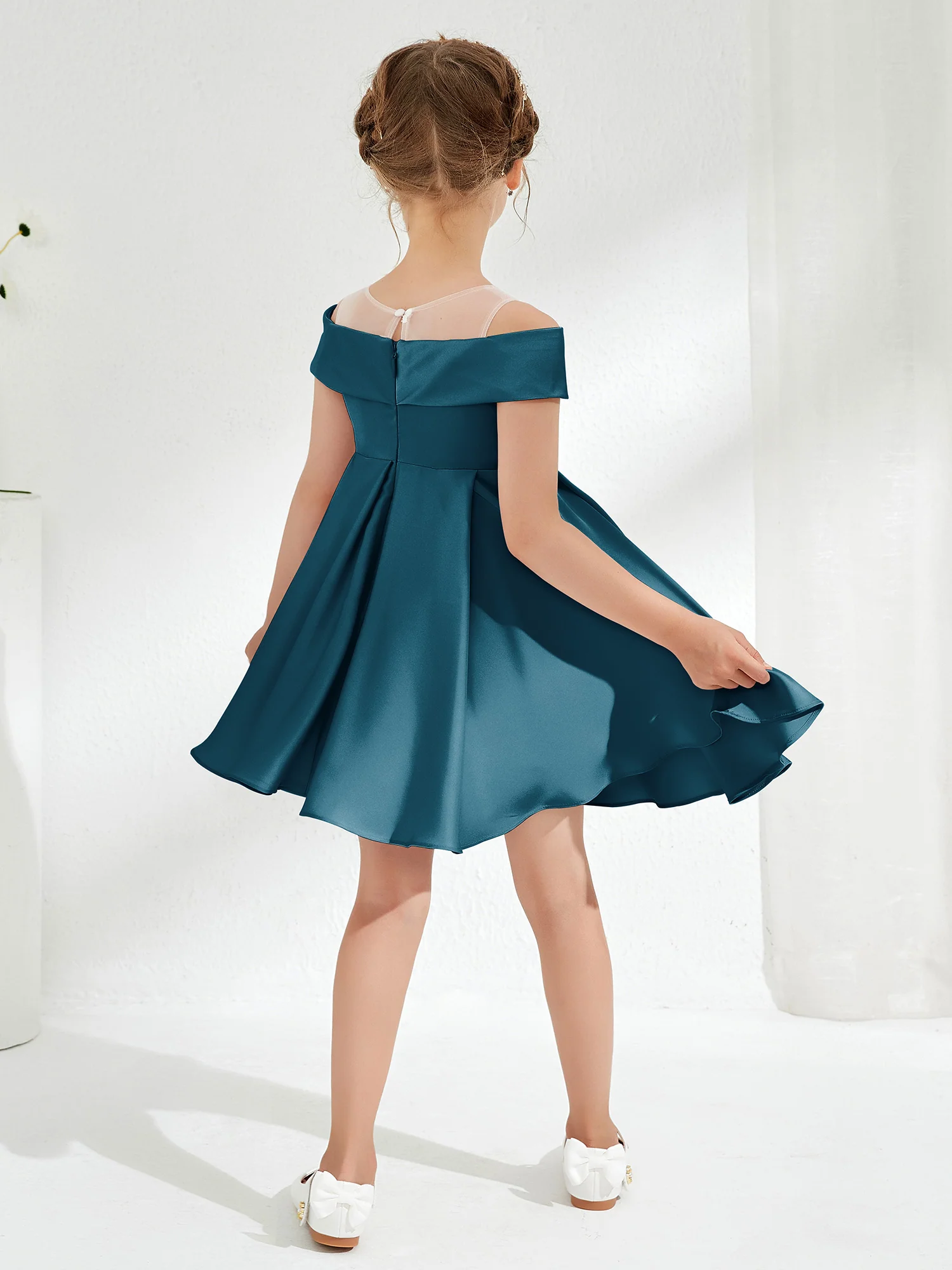 Scoop Off the Shoulder Knee-Length Girl's Dress Ink Blue - Image 2
