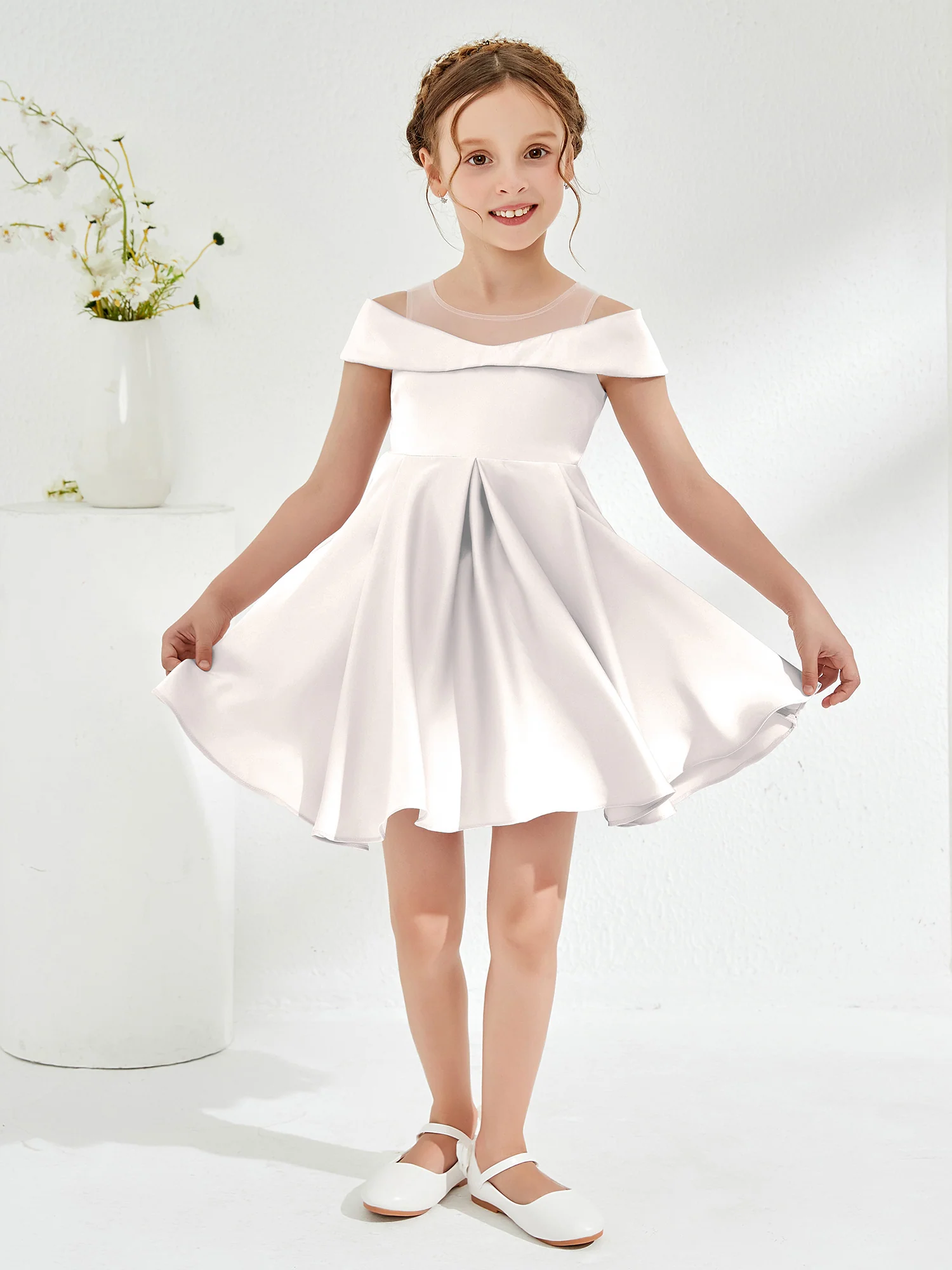 Scoop Off the Shoulder Knee-Length Girl's Dress Ivory