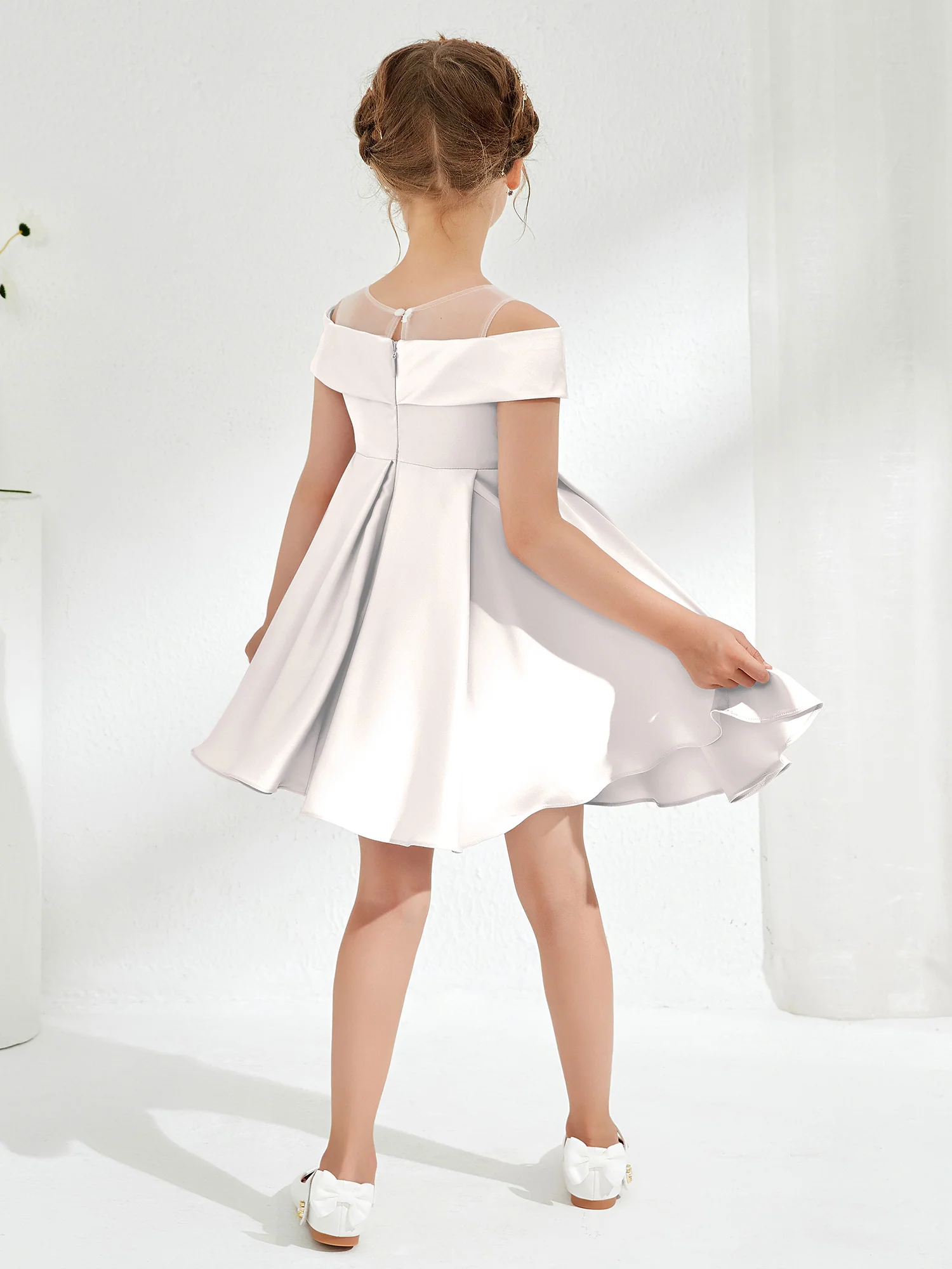 Scoop Off the Shoulder Knee-Length Girl's Dress Ivory - Image 2