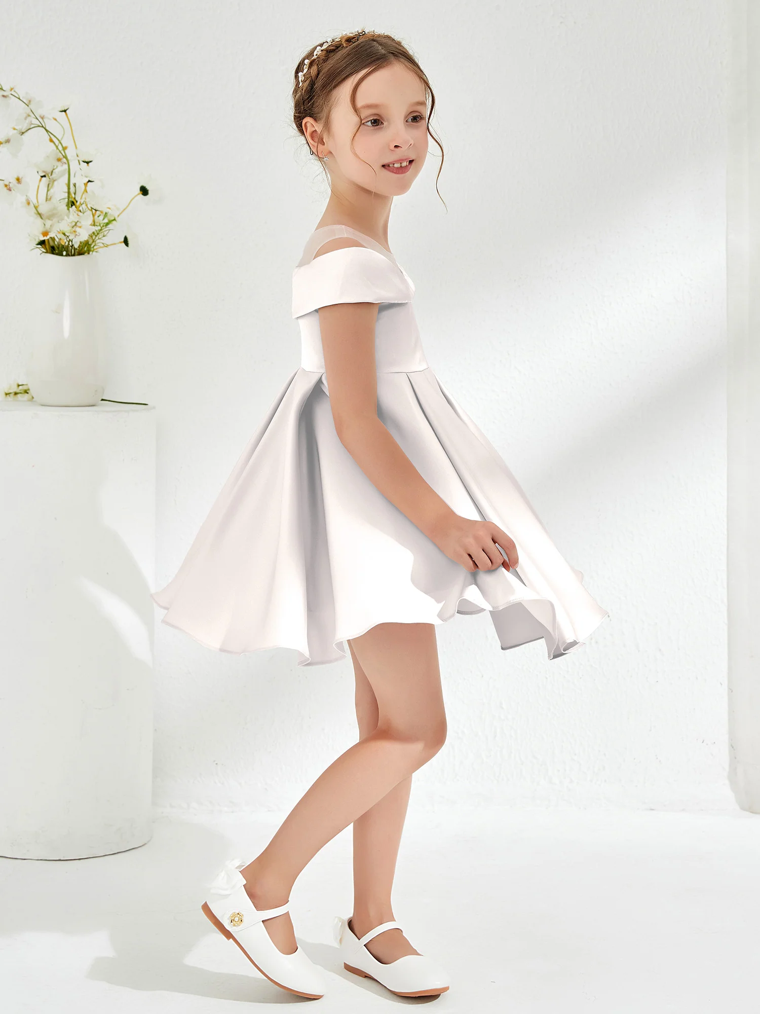 Scoop Off the Shoulder Knee-Length Girl's Dress Ivory - Image 3