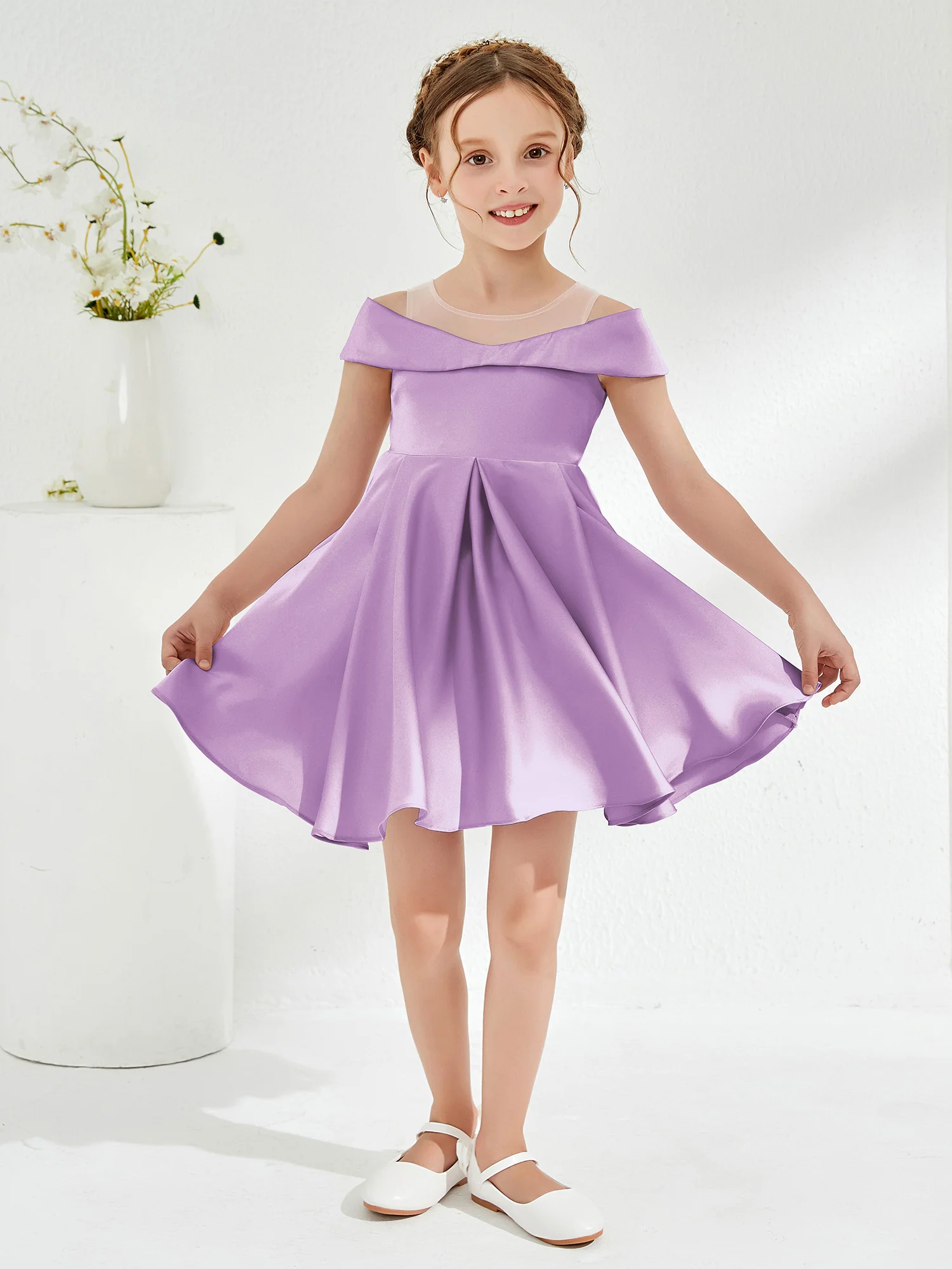 Scoop Off the Shoulder Knee-Length Girl's Dress Lilac