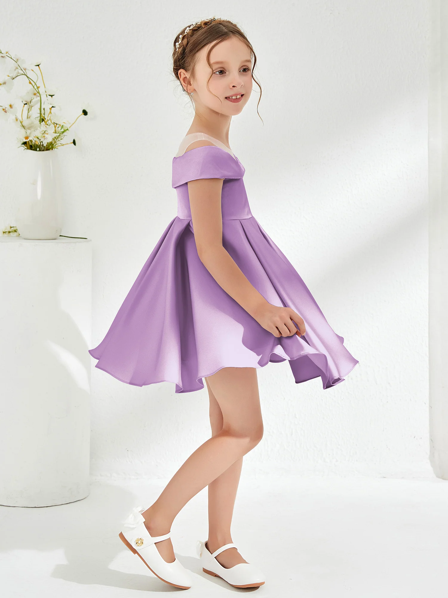 Scoop Off the Shoulder Knee-Length Girl's Dress Lilac - Image 3