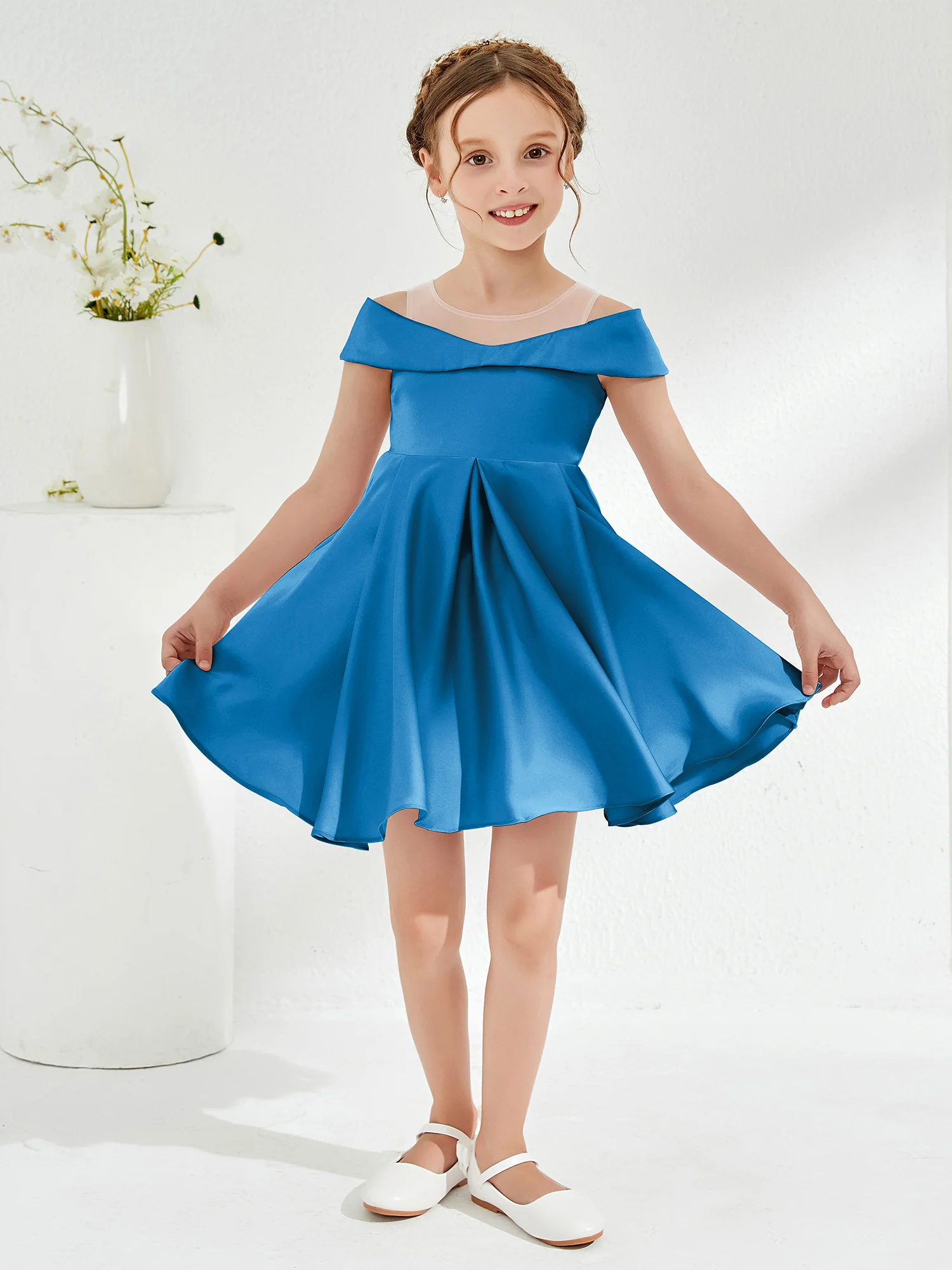 Scoop Off the Shoulder Knee-Length Girl's Dress Ocean Blue