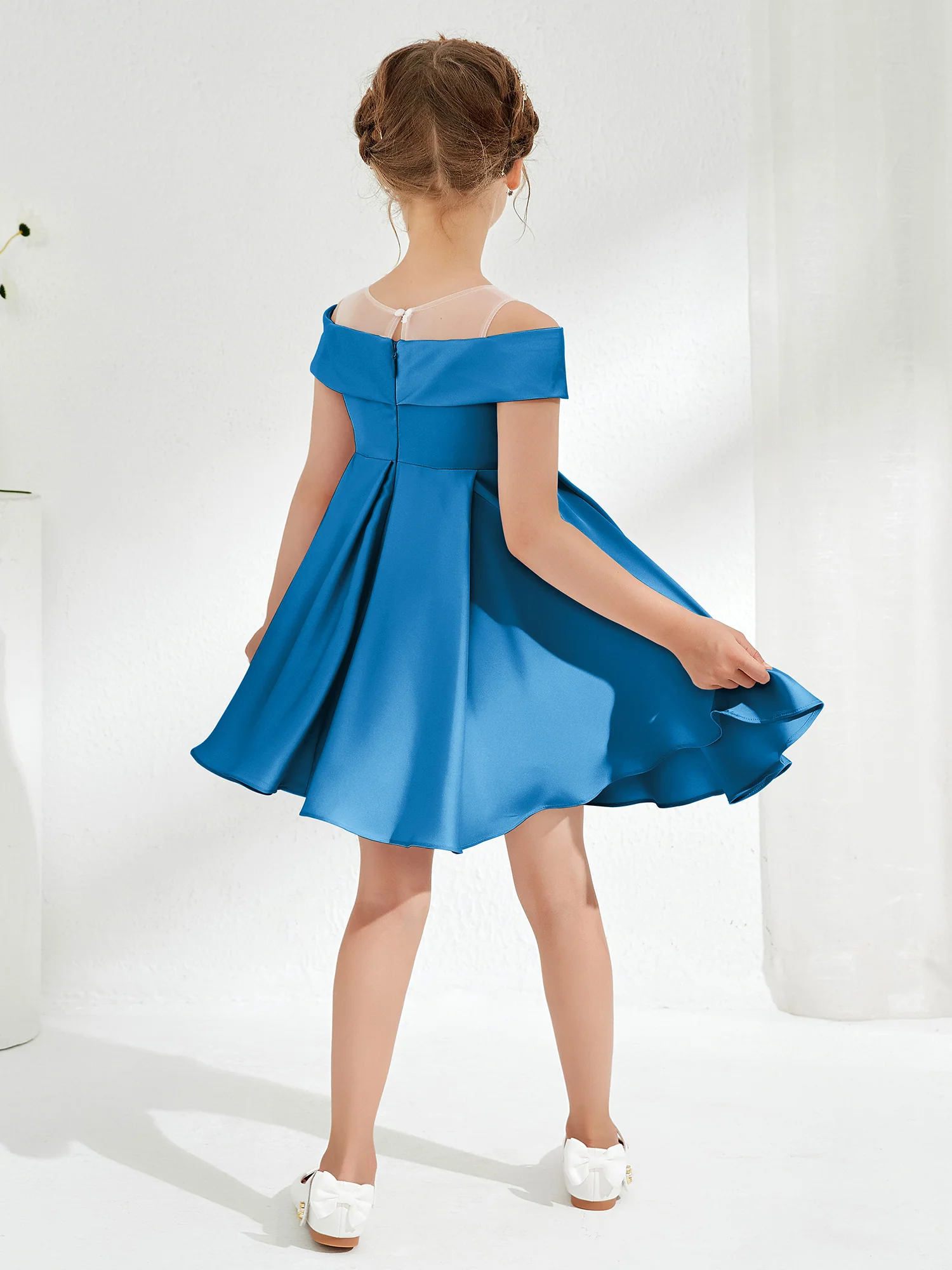 Scoop Off the Shoulder Knee-Length Girl's Dress Ocean Blue - Image 2
