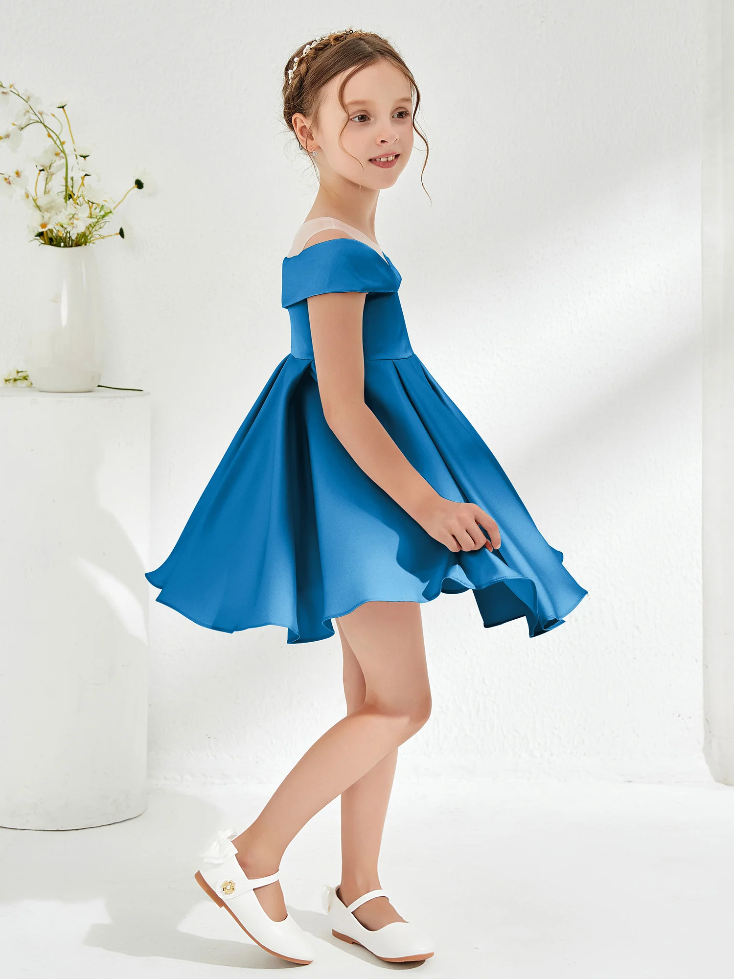 Scoop Off the Shoulder Knee-Length Girl's Dress Ocean Blue - Image 3