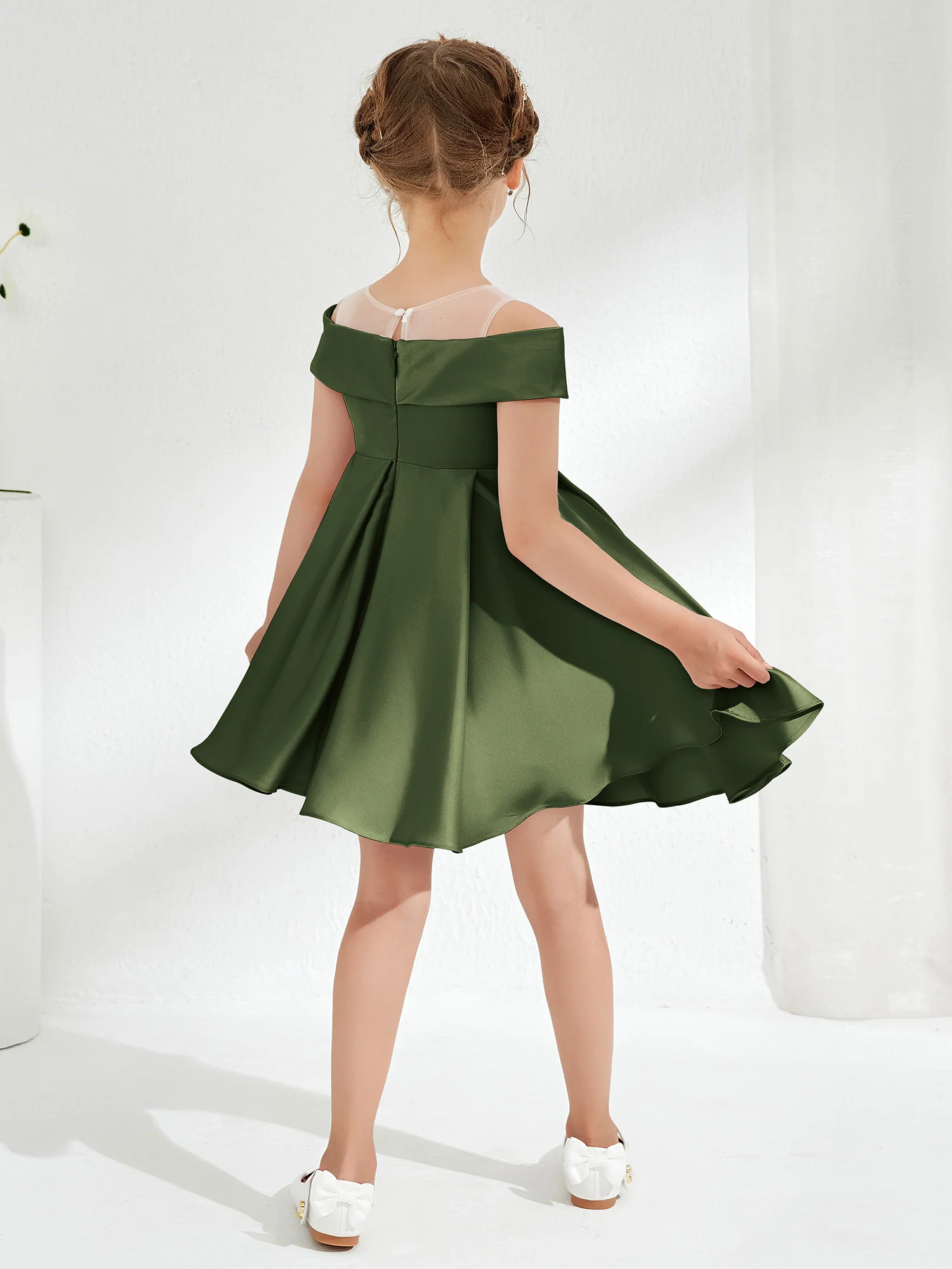 Scoop Off the Shoulder Knee-Length Girl's Dress Olive Green - Image 2