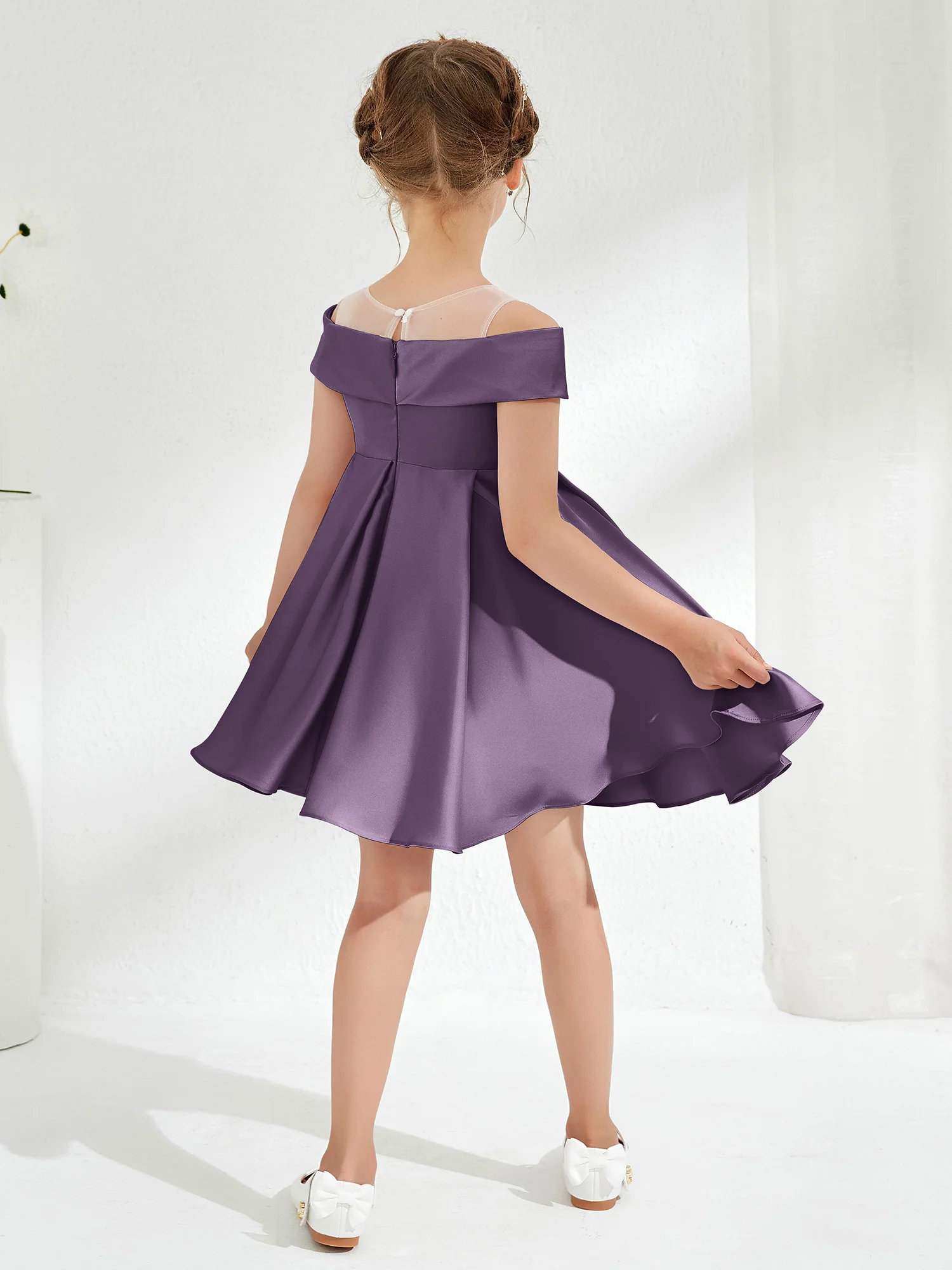 Scoop Off the Shoulder Knee-Length Girl's Dress Plum - Image 2