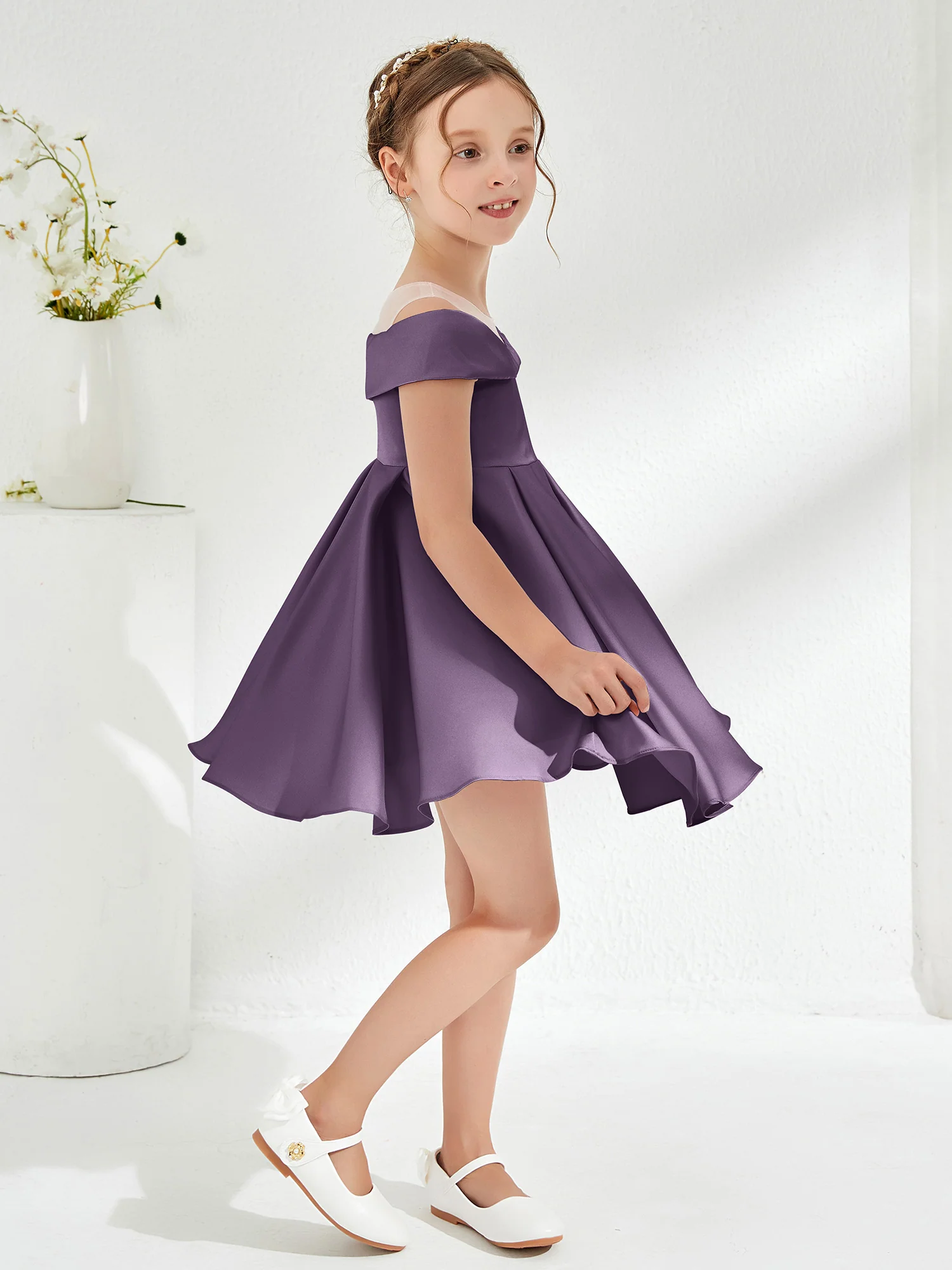 Scoop Off the Shoulder Knee-Length Girl's Dress Plum - Image 3