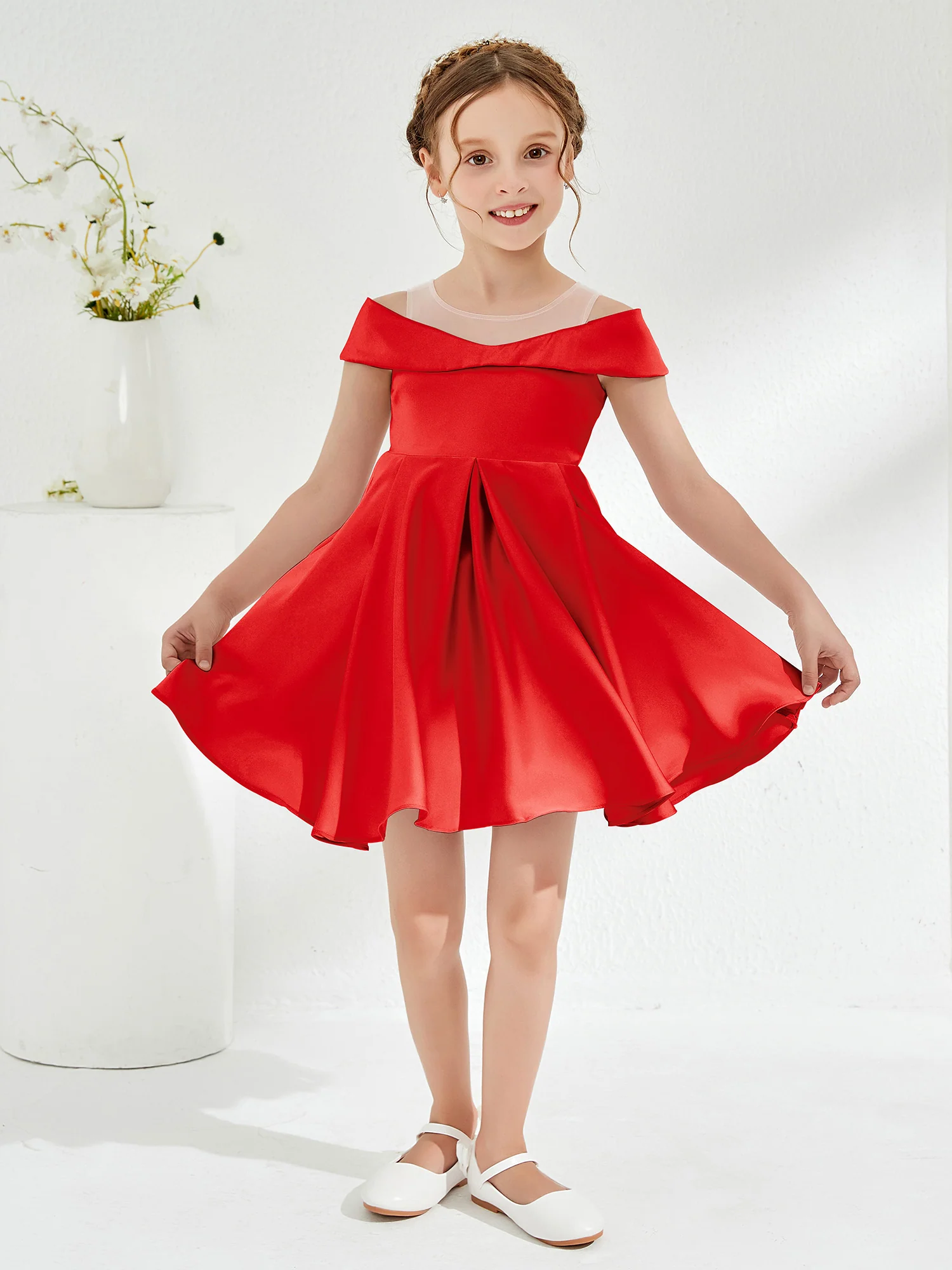 Scoop Off the Shoulder Knee-Length Girl's Dress Red