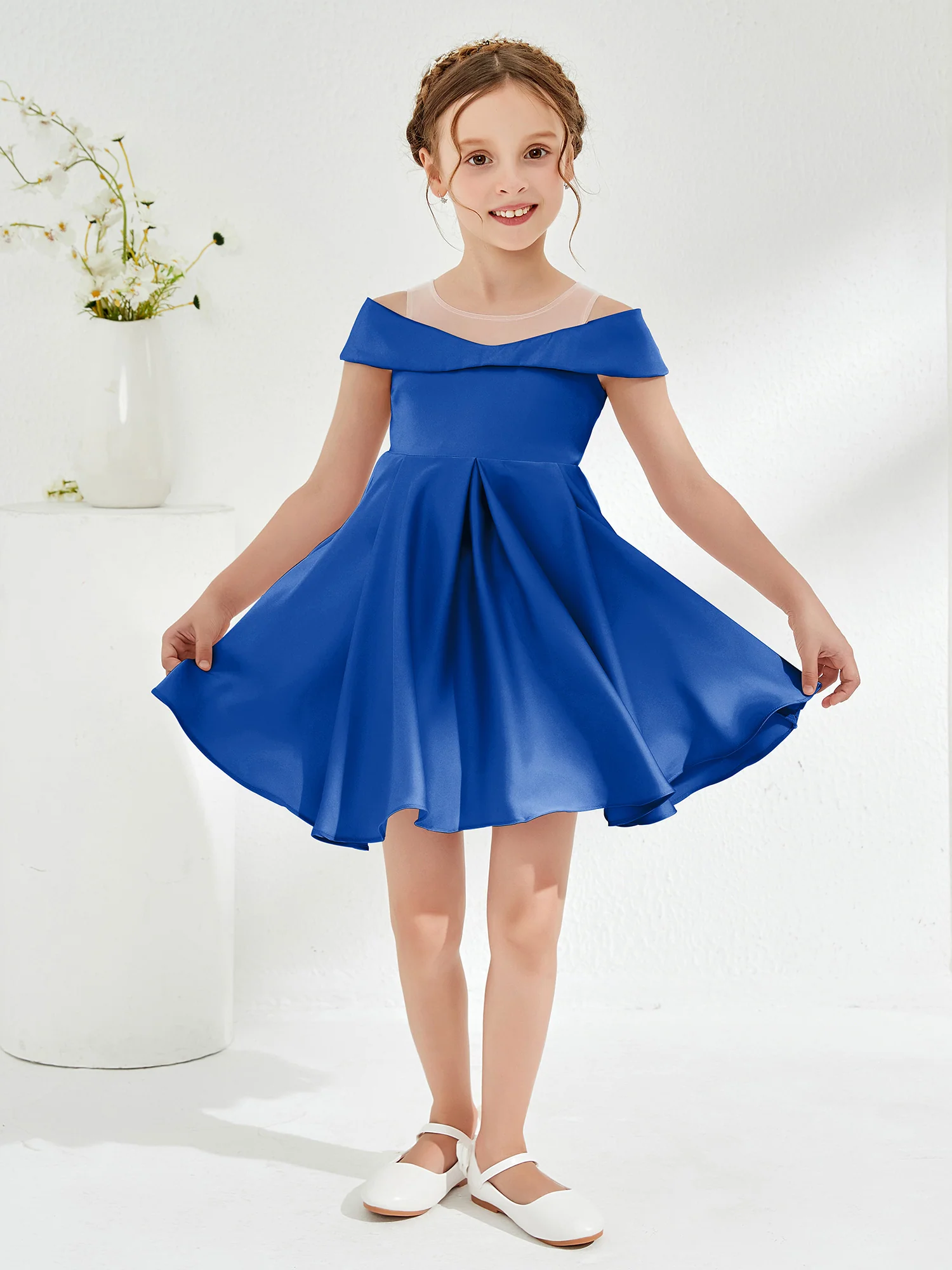 Scoop Off the Shoulder Knee-Length Girl's Dress Royal Blue