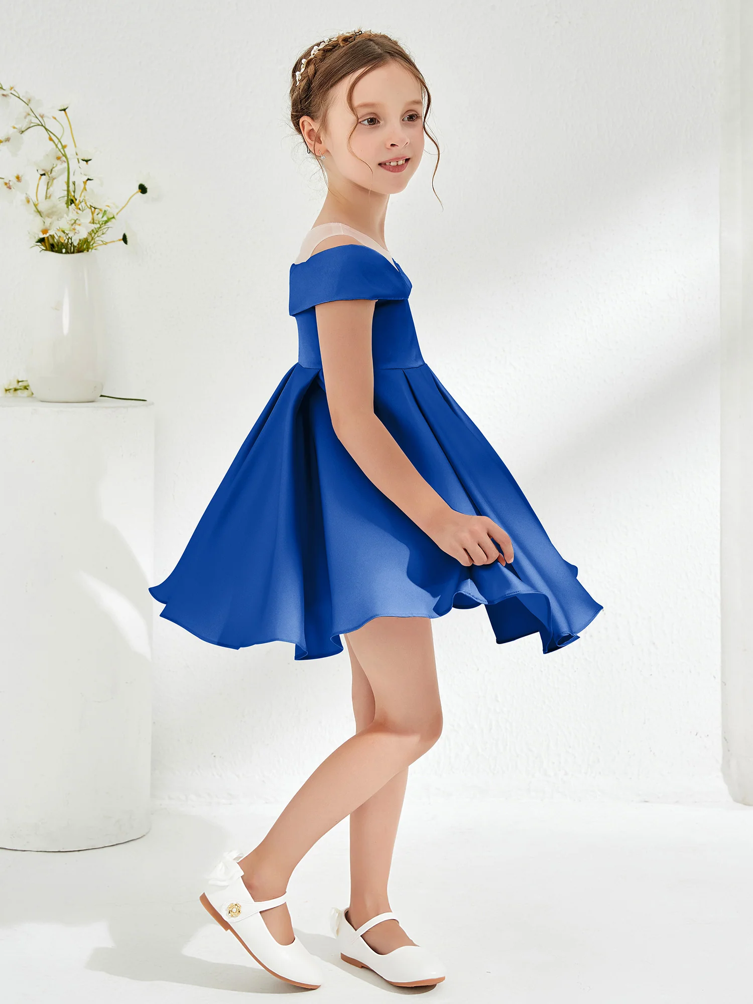 Scoop Off the Shoulder Knee-Length Girl's Dress Royal Blue - Image 3