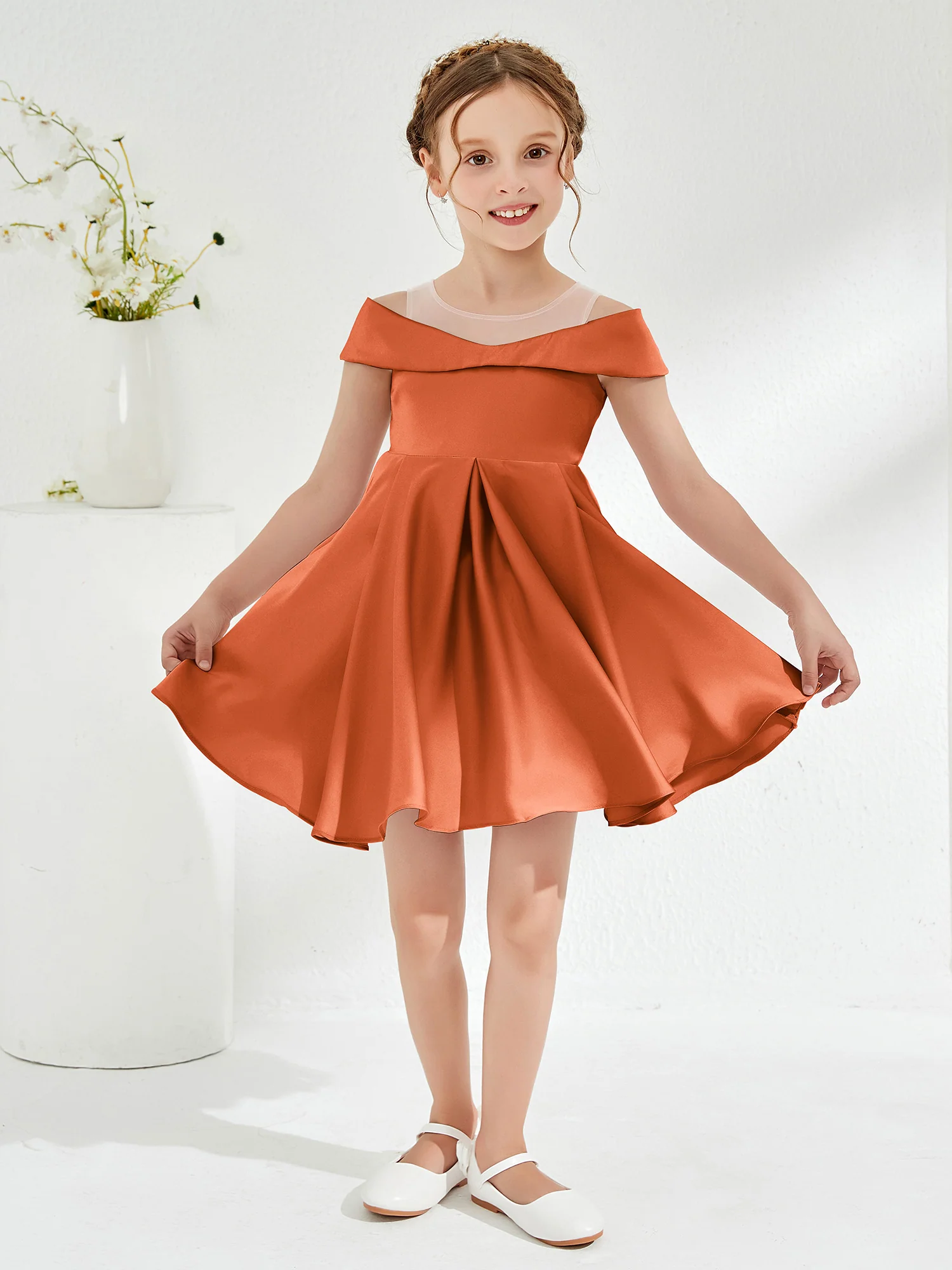 Scoop Off the Shoulder Knee-Length Girl's Dress Rust