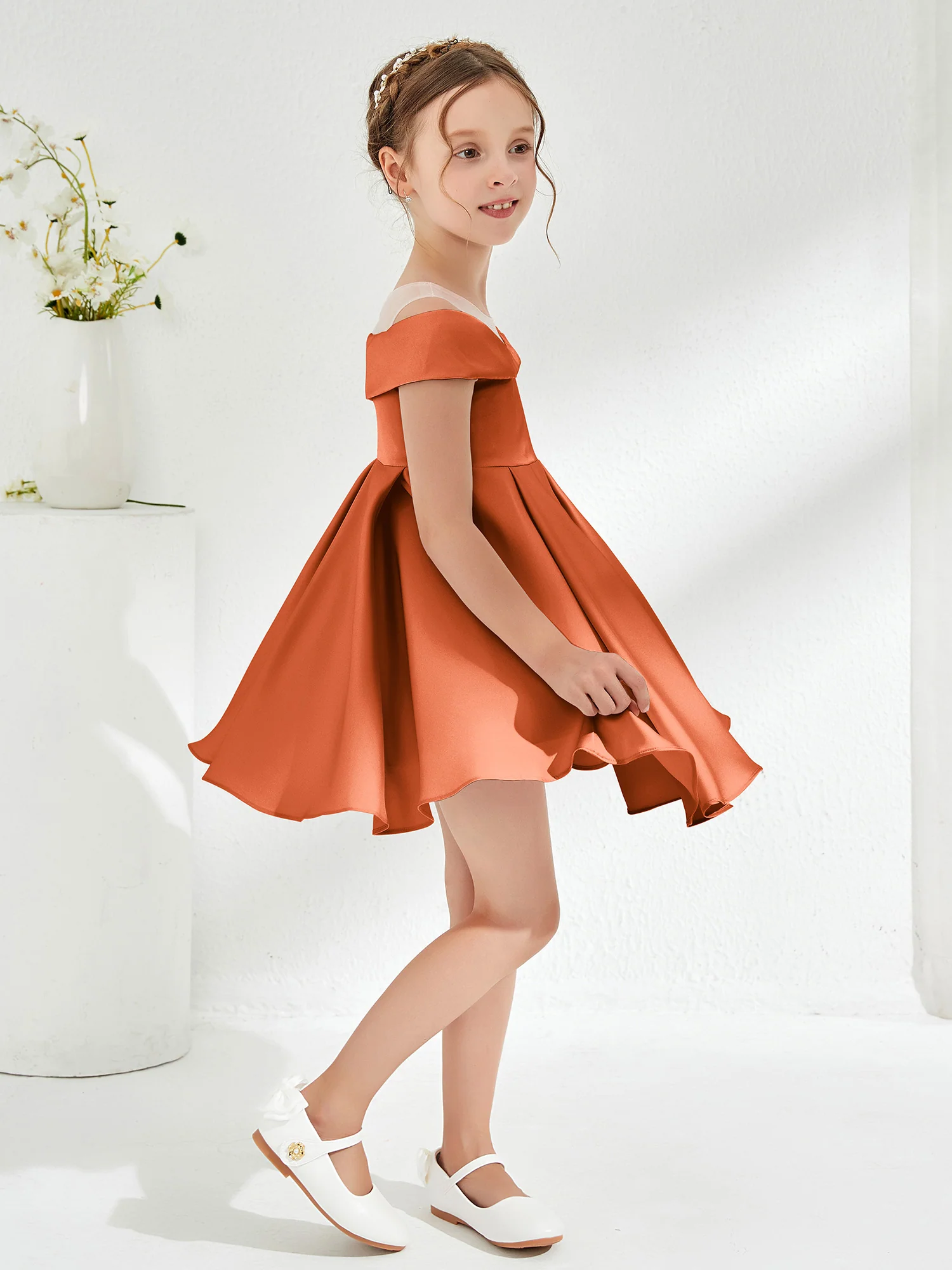 Scoop Off the Shoulder Knee-Length Girl's Dress Rust - Image 3
