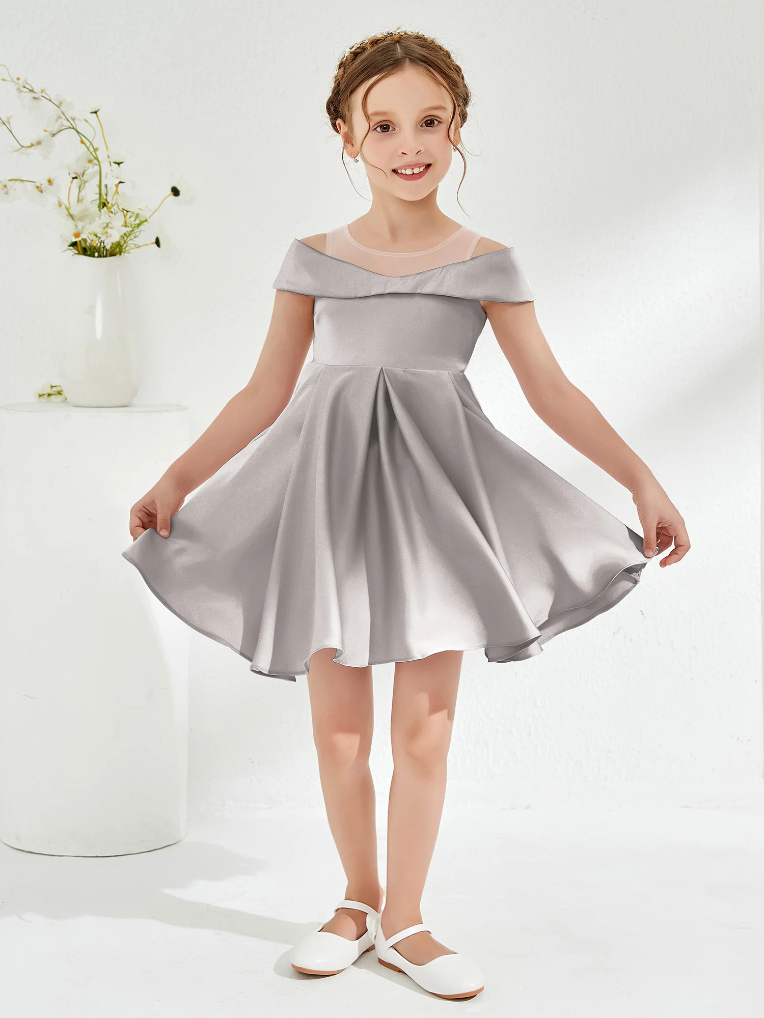 Scoop Off the Shoulder Knee-Length Girl's Dress Silver