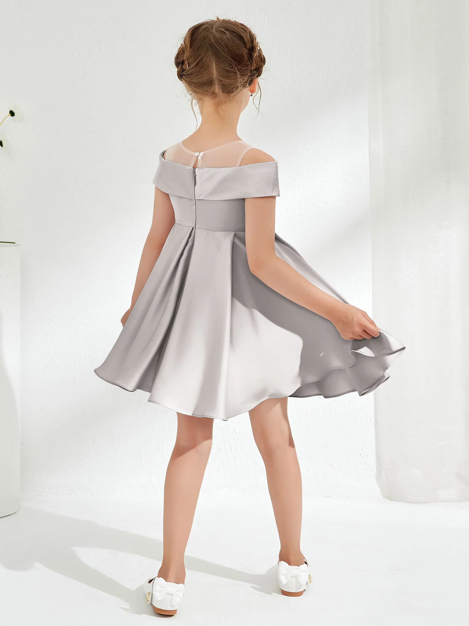 Scoop Off the Shoulder Knee-Length Girl's Dress Silver - Image 2