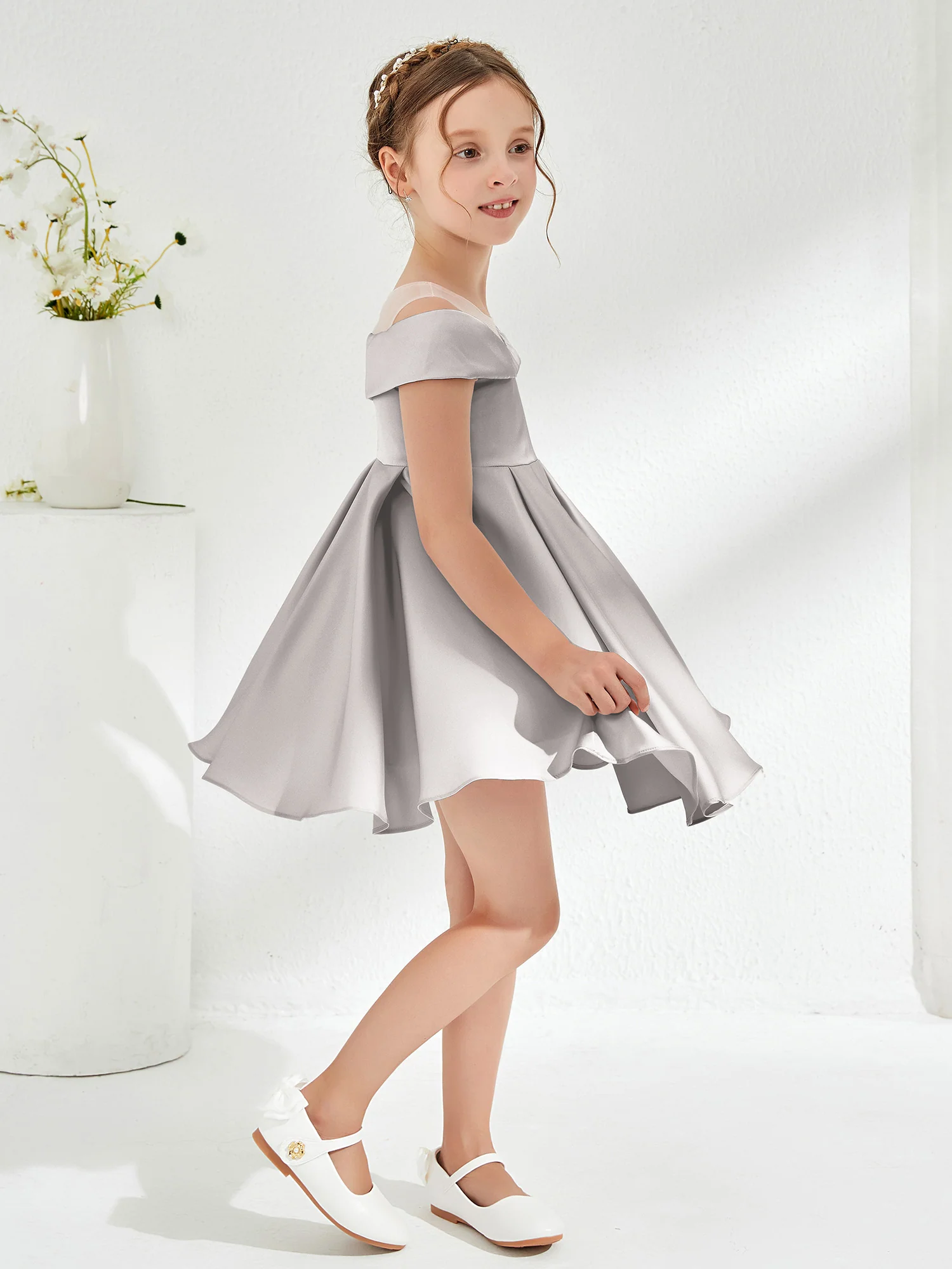 Scoop Off the Shoulder Knee-Length Girl's Dress Silver - Image 3