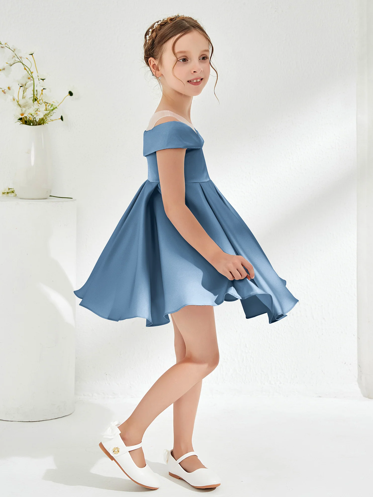 Scoop Off the Shoulder Knee-Length Girl's Dress Slate Blue - Image 3