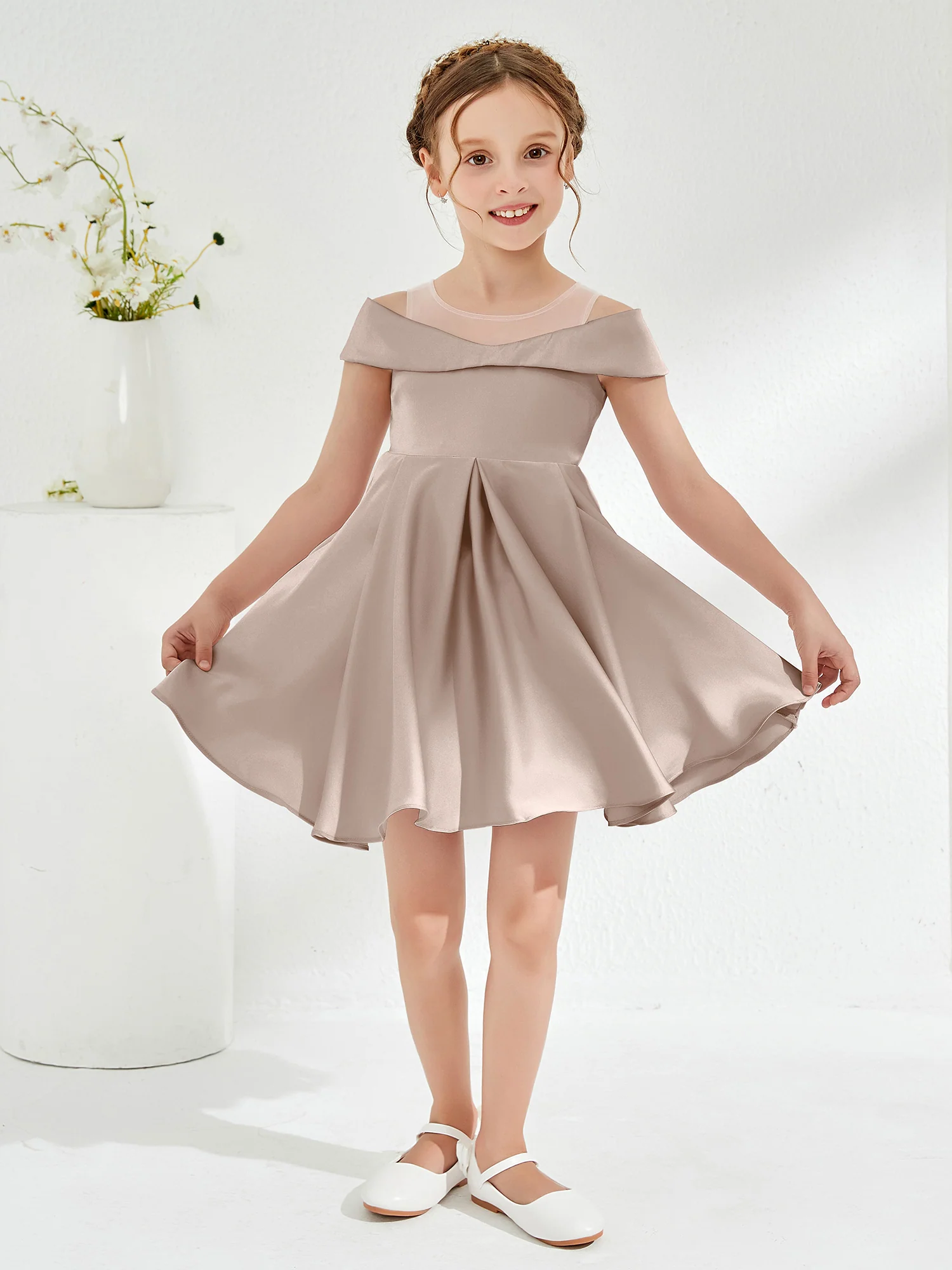 Scoop Off the Shoulder Knee-Length Girl's Dress Taupe