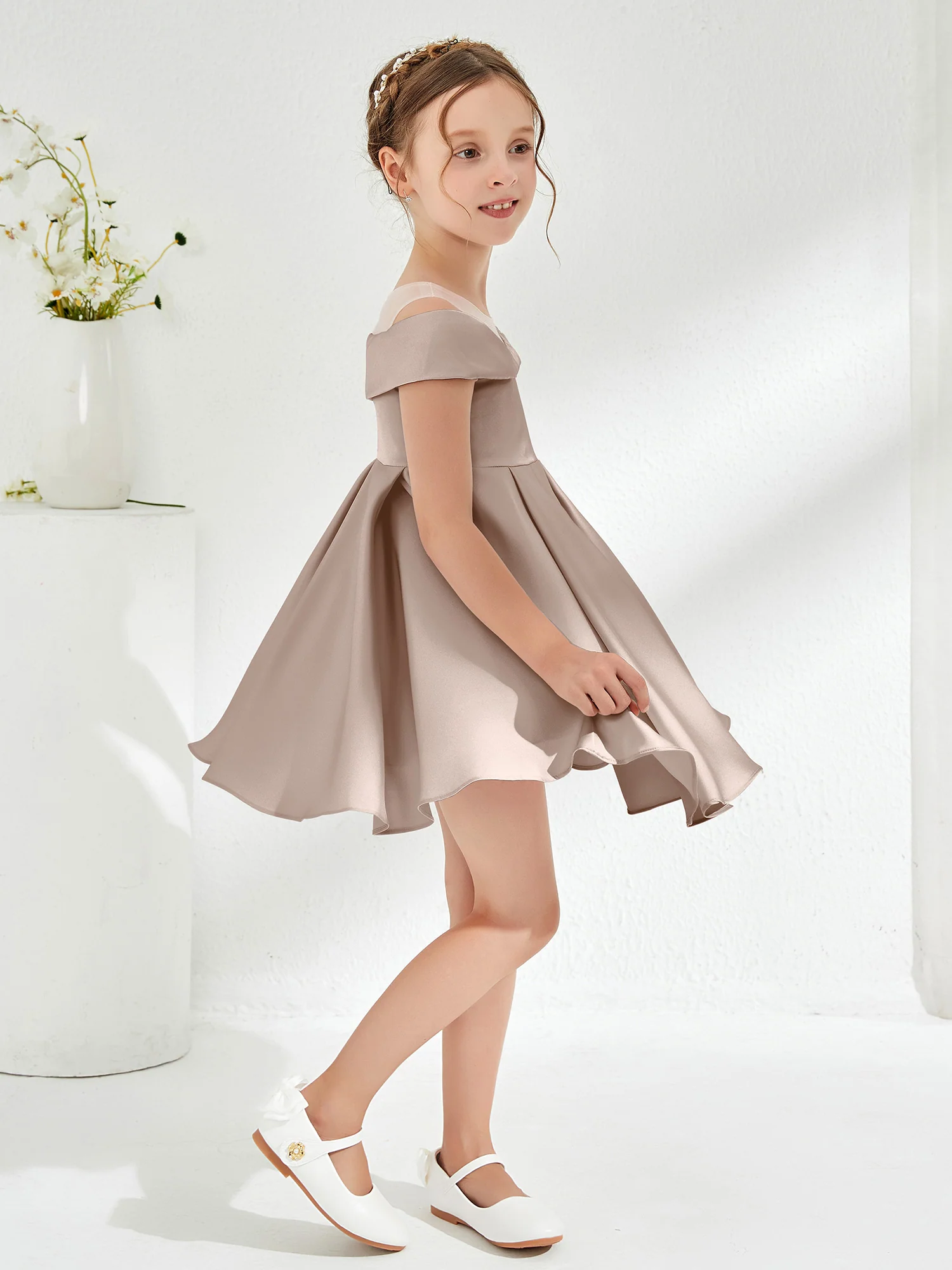 Scoop Off the Shoulder Knee-Length Girl's Dress Taupe - Image 3