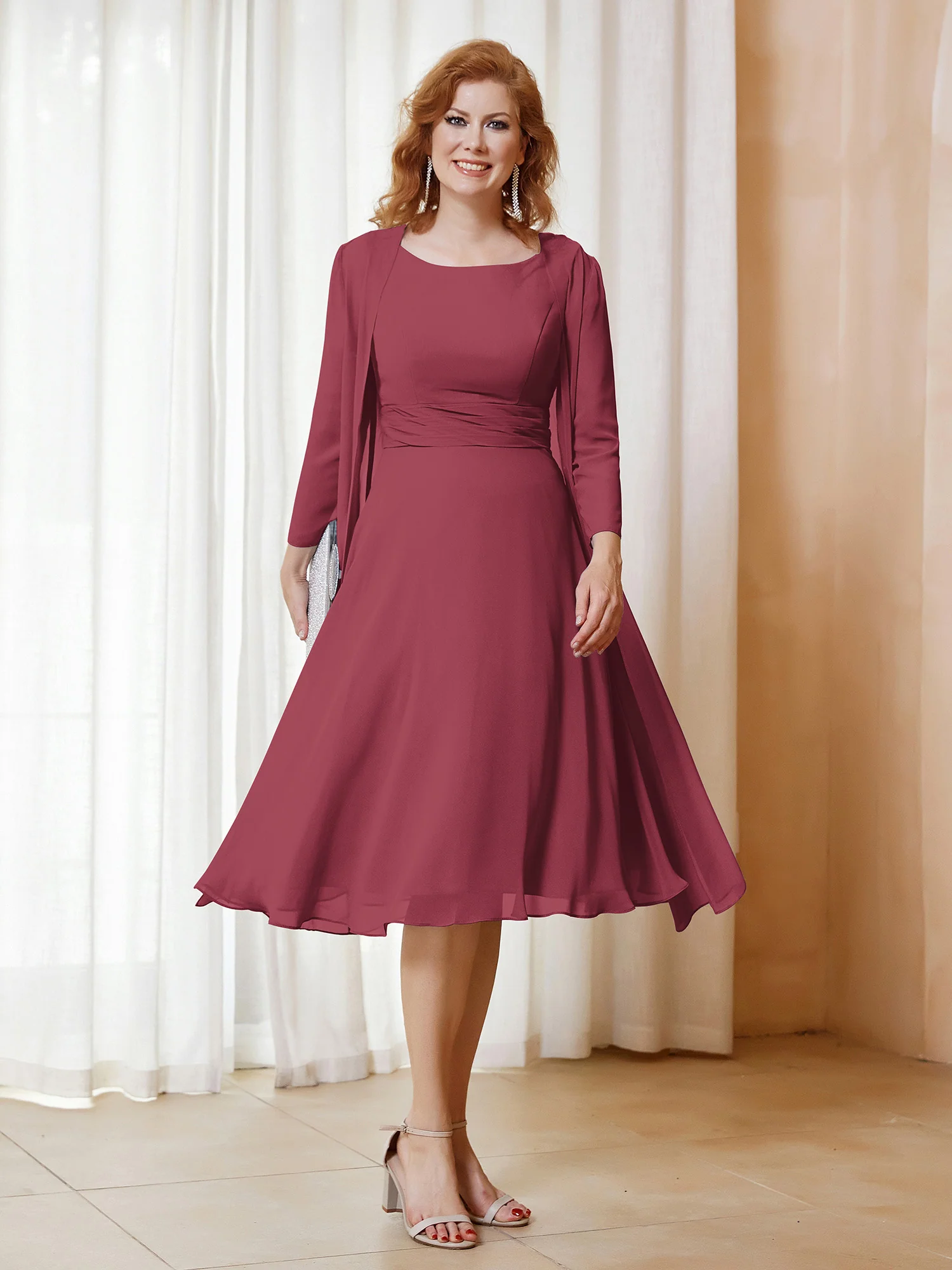 Scoop Ruched Chiffon Dress with Jacket Cinnamon Rose