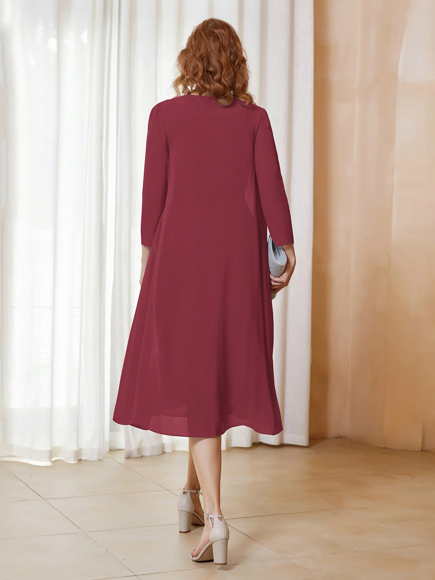 Scoop Ruched Chiffon Dress with Jacket Cinnamon Rose - Image 2