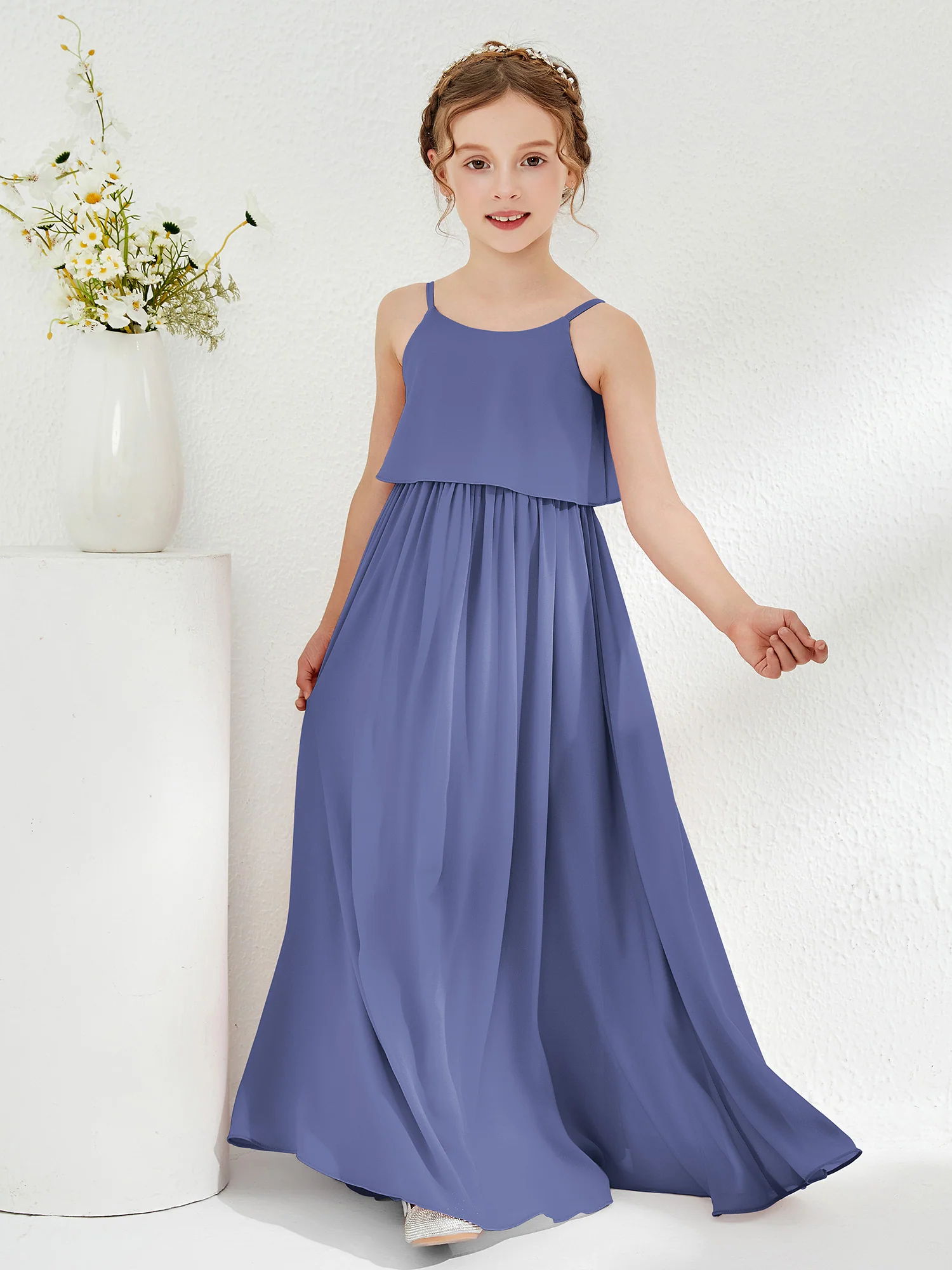 Scoop Sleeveless A-line Long Junior Bridesmaid Dress Periwinkle - Image 3