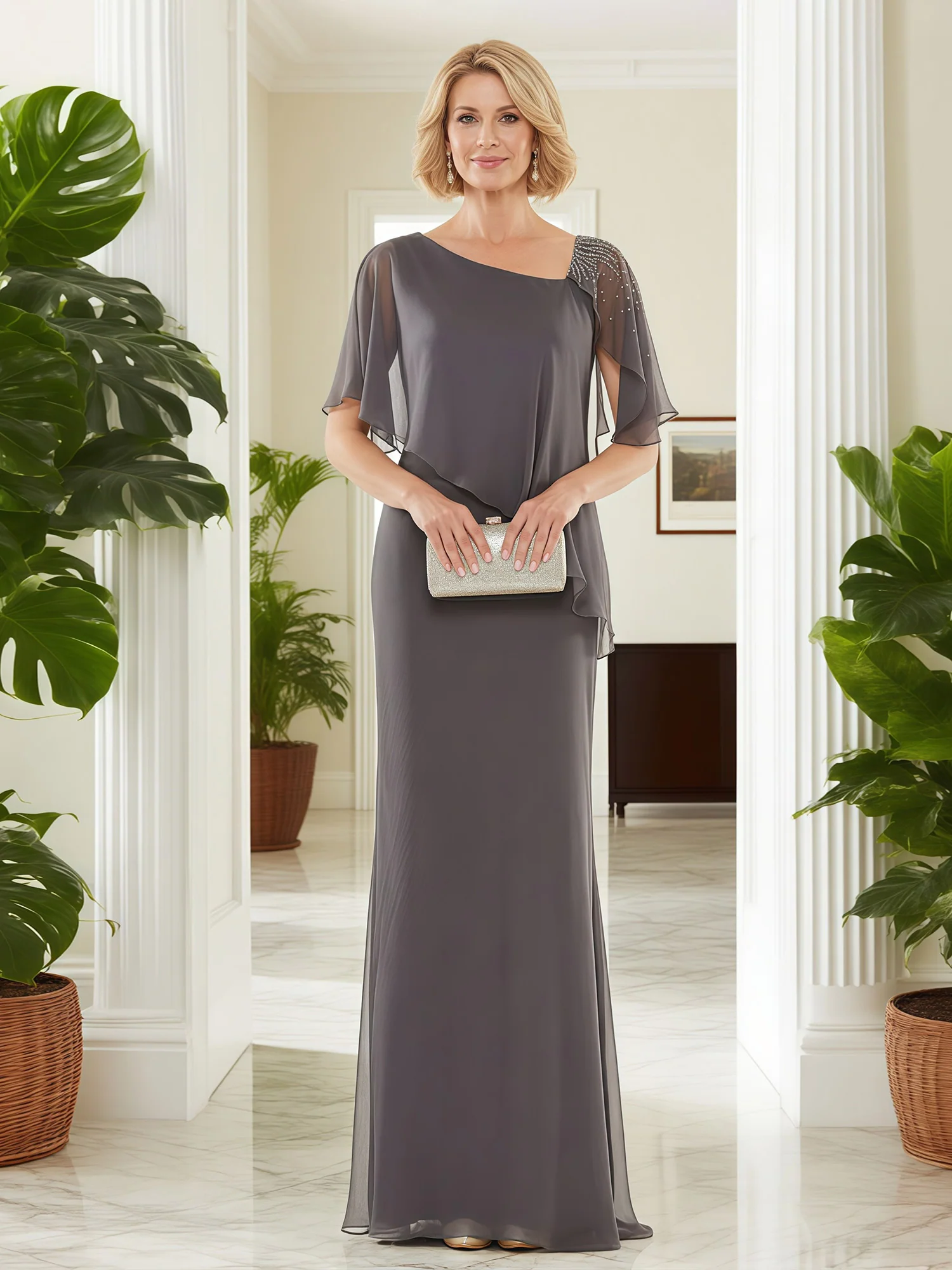 Elegant Waterfall Ruffle Shoulder Attire Steel Grey