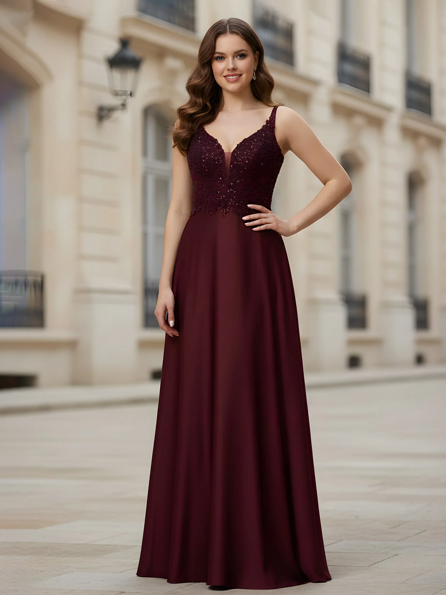 Sleeveless Lace Sequins A-Line Long Dress Sky Blue