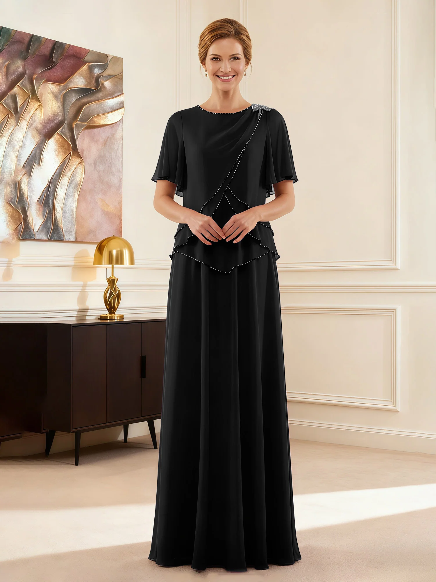 Short Sleeve Jewel Neck Formal Attire Black