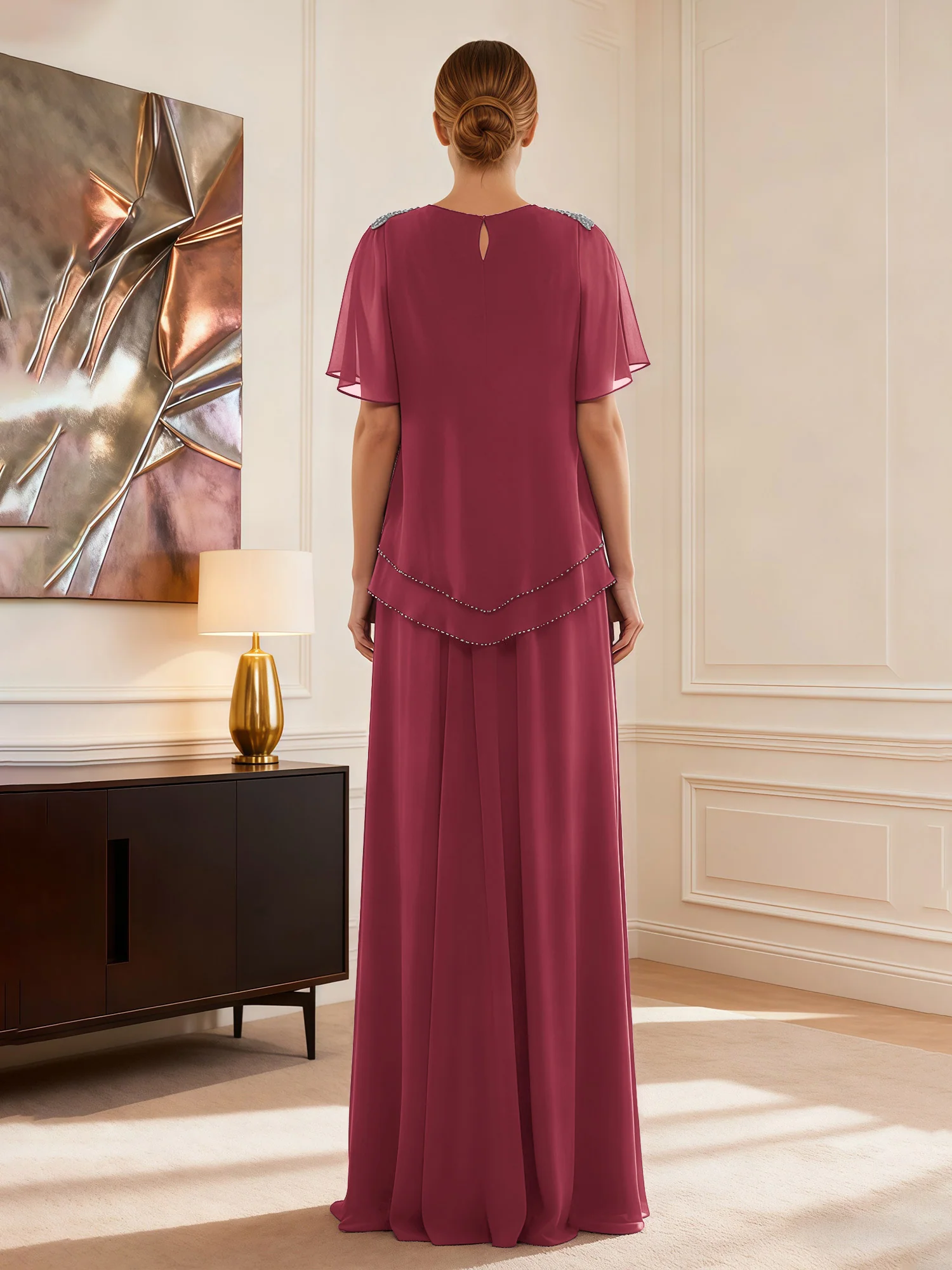 Short Sleeve Jewel Neck Formal Attire Cinnamon Rose - Image 2