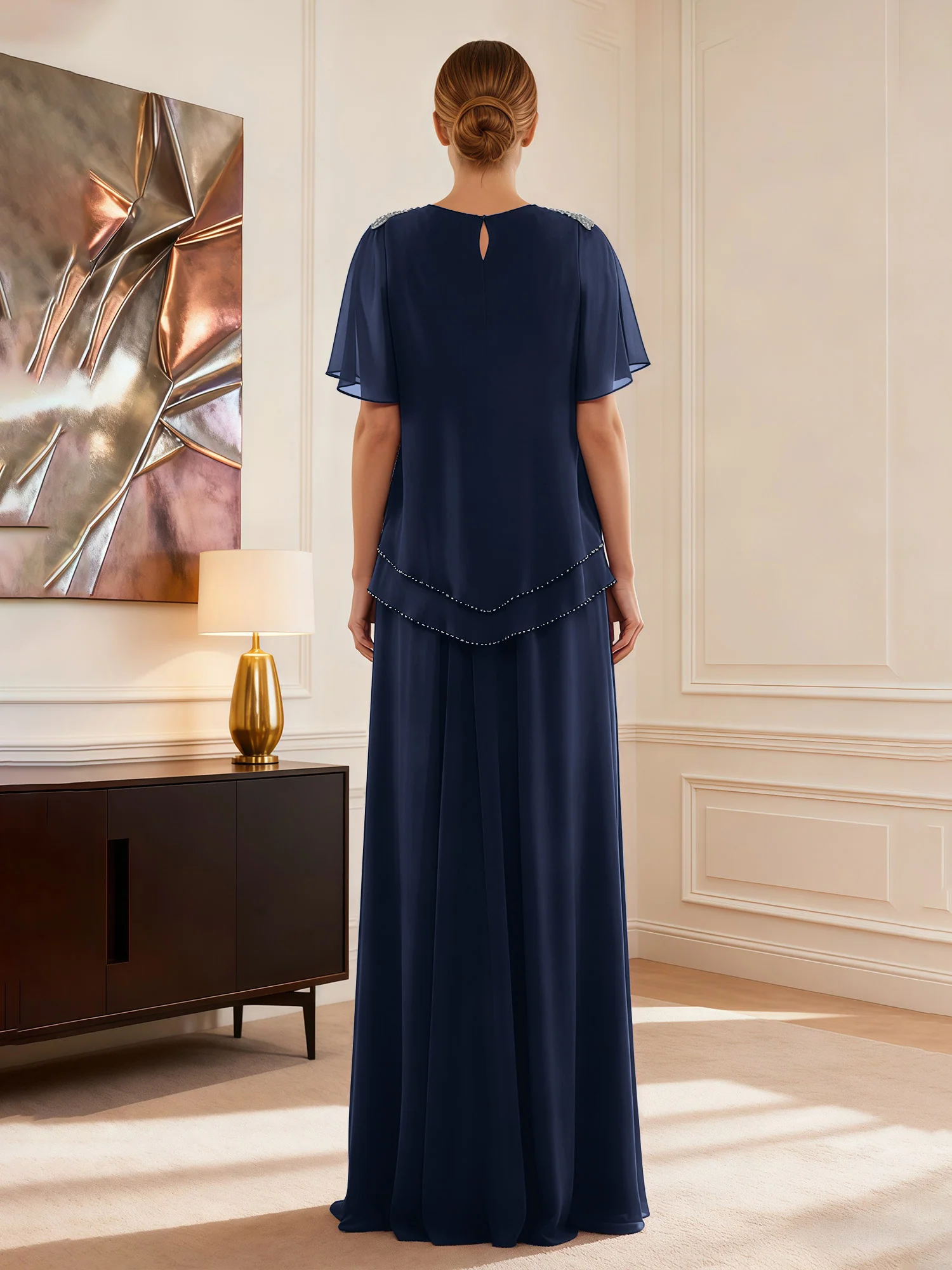 Short Sleeve Jewel Neck Formal Attire Dark Navy - Image 2