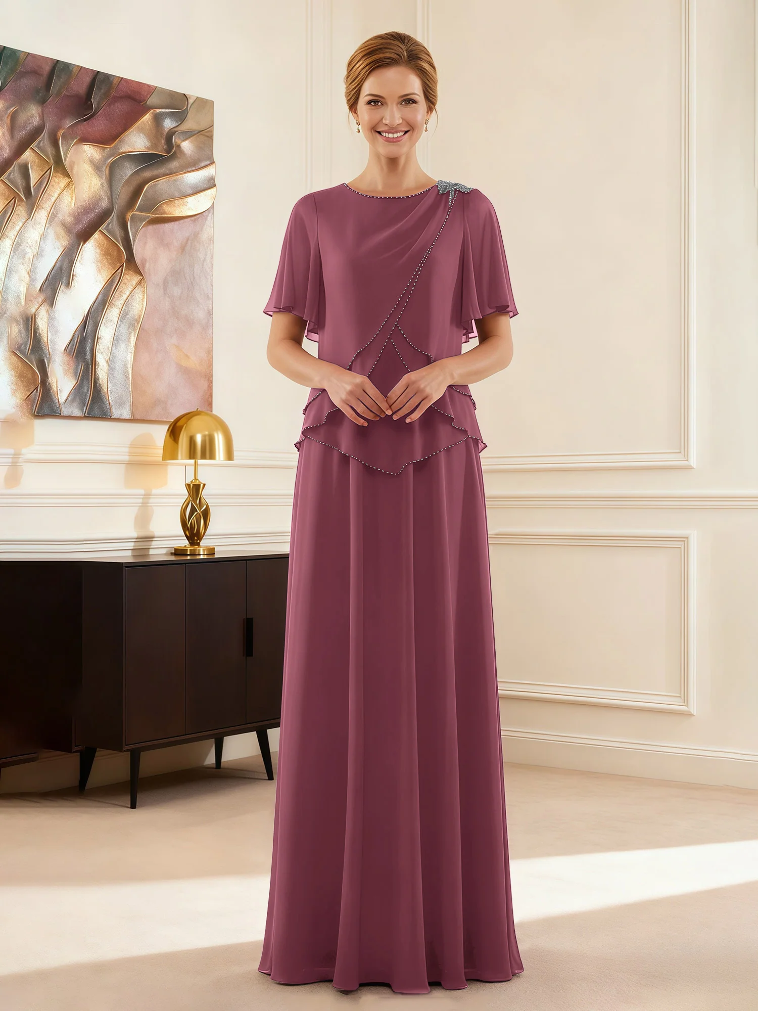 Short Sleeve Jewel Neck Formal Attire Mulberry