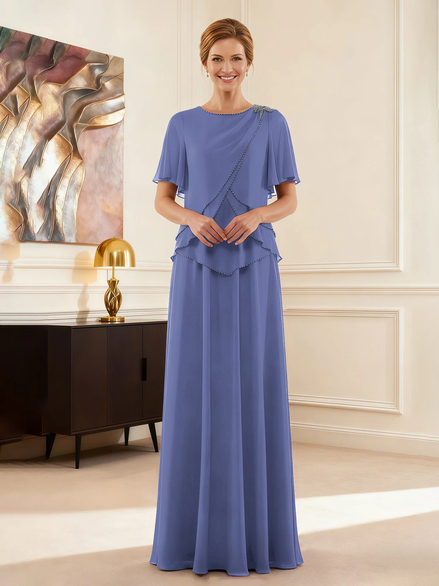 Short Sleeve Jewel Neck Formal Attire Periwinkle