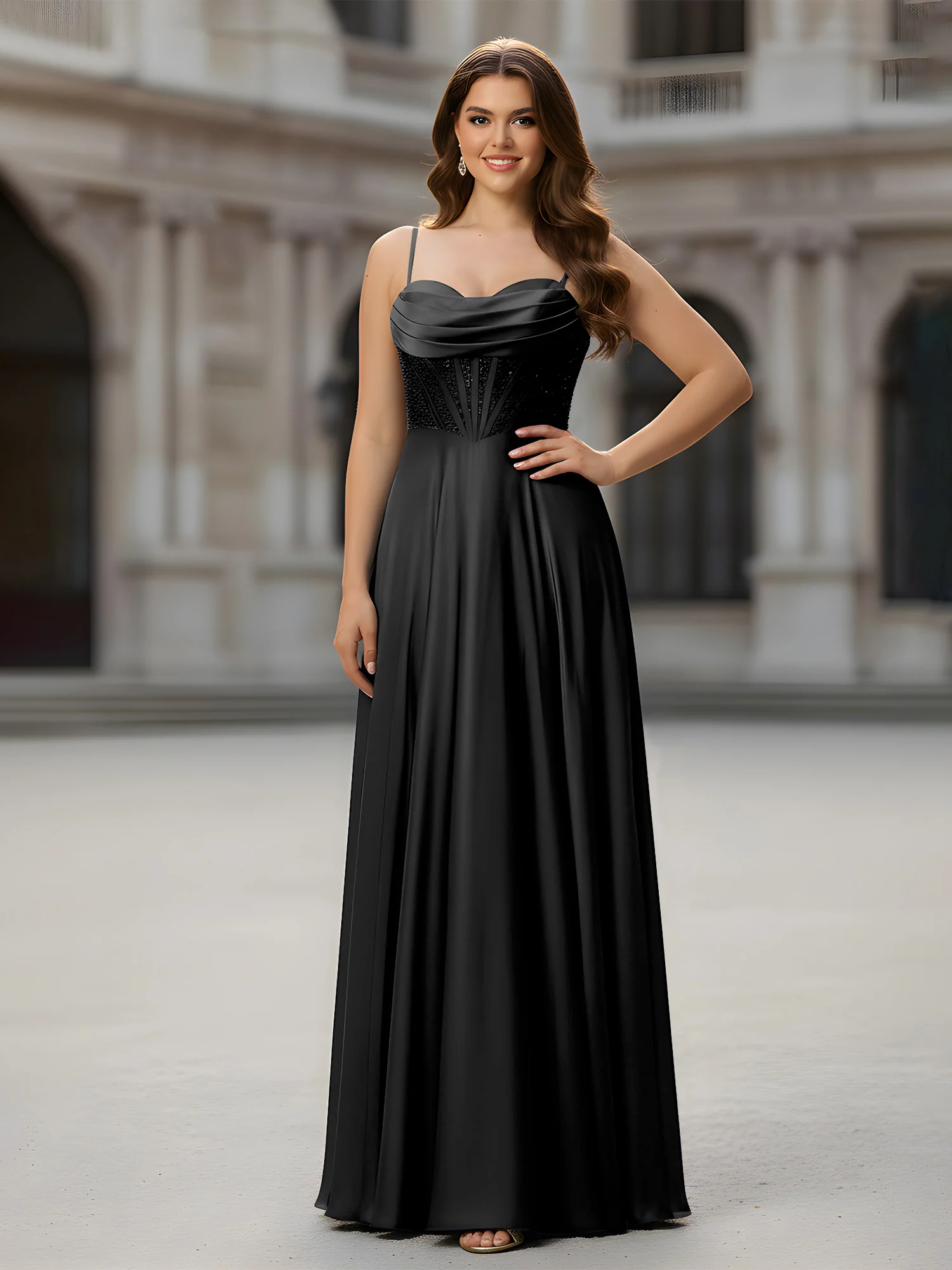Sweetheart Beaded Bodice A-Line Long Dress Black