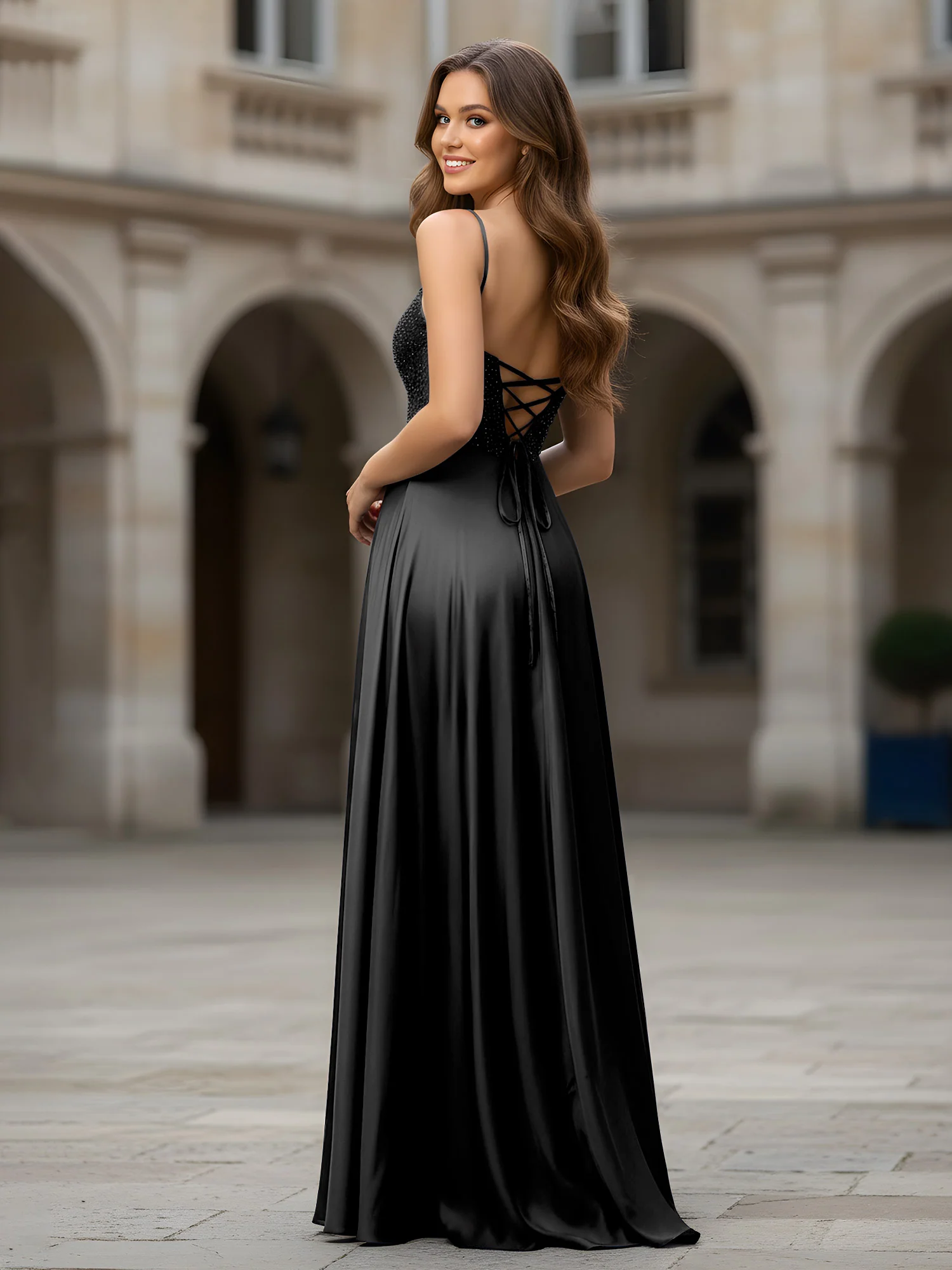 Sweetheart Beaded Bodice A-Line Long Dress Black - Image 2